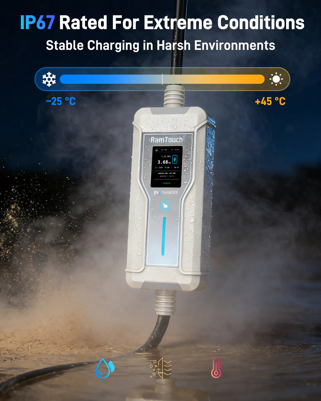 Portable EV Charger (3.7 kW, 16 A, IP67 Control Box) | Blue CEE 16 A Commando Plug to Type 2 | Mode 2 EV Charging Cable with Adjustable 6 A to 16 A, LCD Display, Timer, AC/DC RCD Protection for EVs and PHEVs