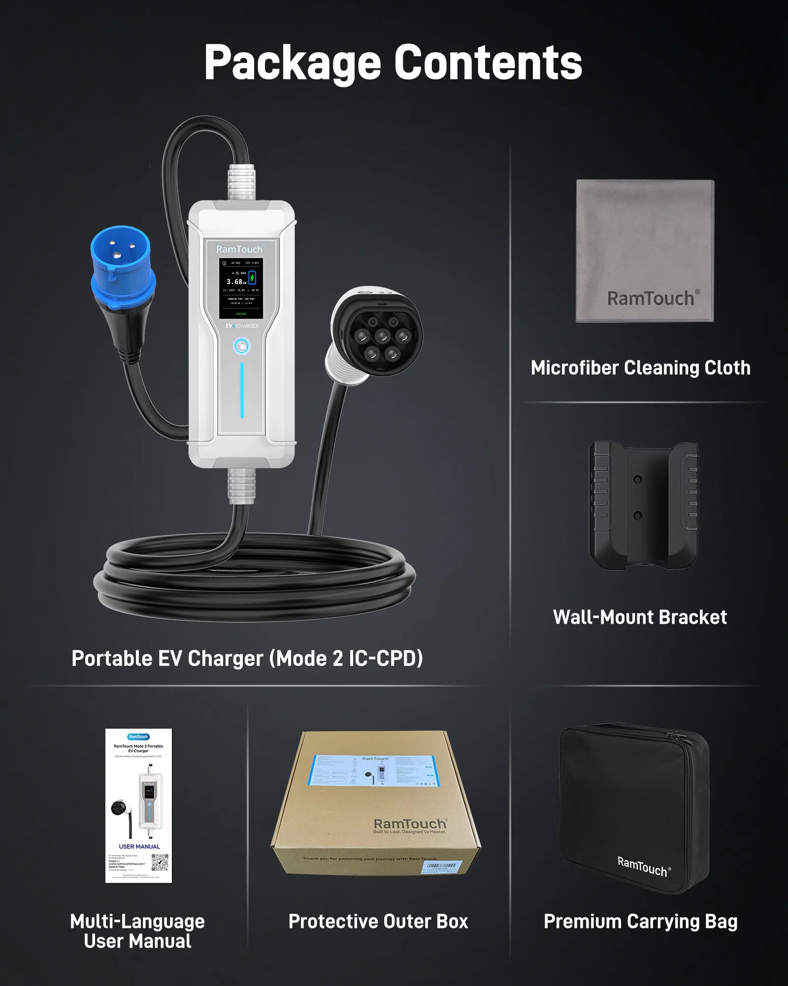 Portable EV Charger (3.7 kW, 16 A, IP67 Control Box) | Blue CEE 16 A Commando Plug to Type 2 | Mode 2 EV Charging Cable with Adjustable 6 A to 16 A, LCD Display, Timer, AC/DC RCD Protection for EVs and PHEVs