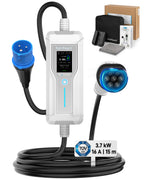 Portable EV Charger (3.7 kW, 16 A, IP67 Control Box) | Blue CEE 16 A Commando Plug to Type 2 | Mode 2 EV Charging Cable with Adjustable 6 A to 16 A, LCD Display, Timer, AC/DC RCD Protection for EVs and PHEVs