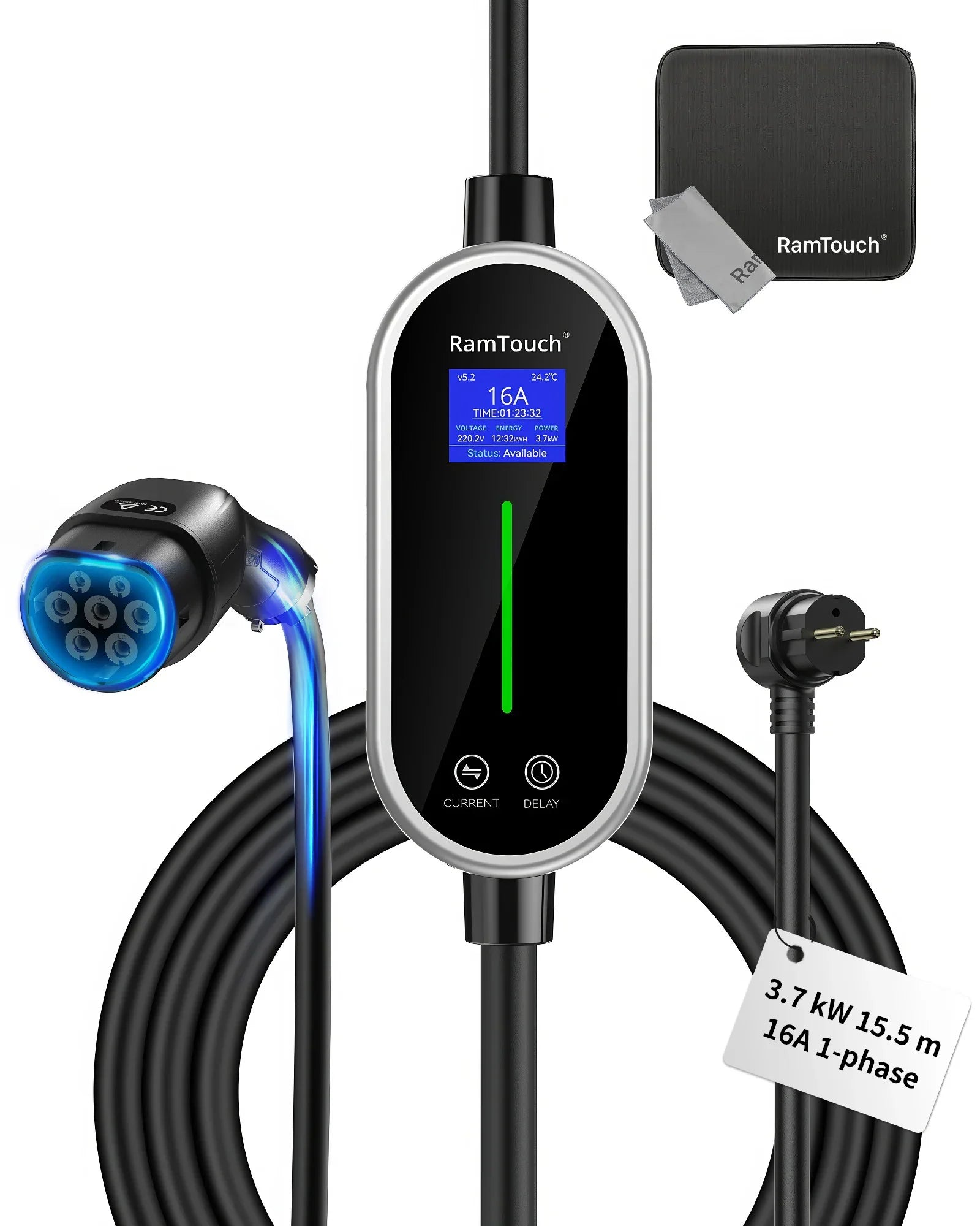 RamTouch Electric Vehicle Charger (3.7kW, Type 2, 16A Schuko Plug) - Portable EV Charger with Smart Function, Compatible with EV and Plug-in Hybrid - RamTouch EV Chargers - Smart Electric Vehicle Charging Solutions