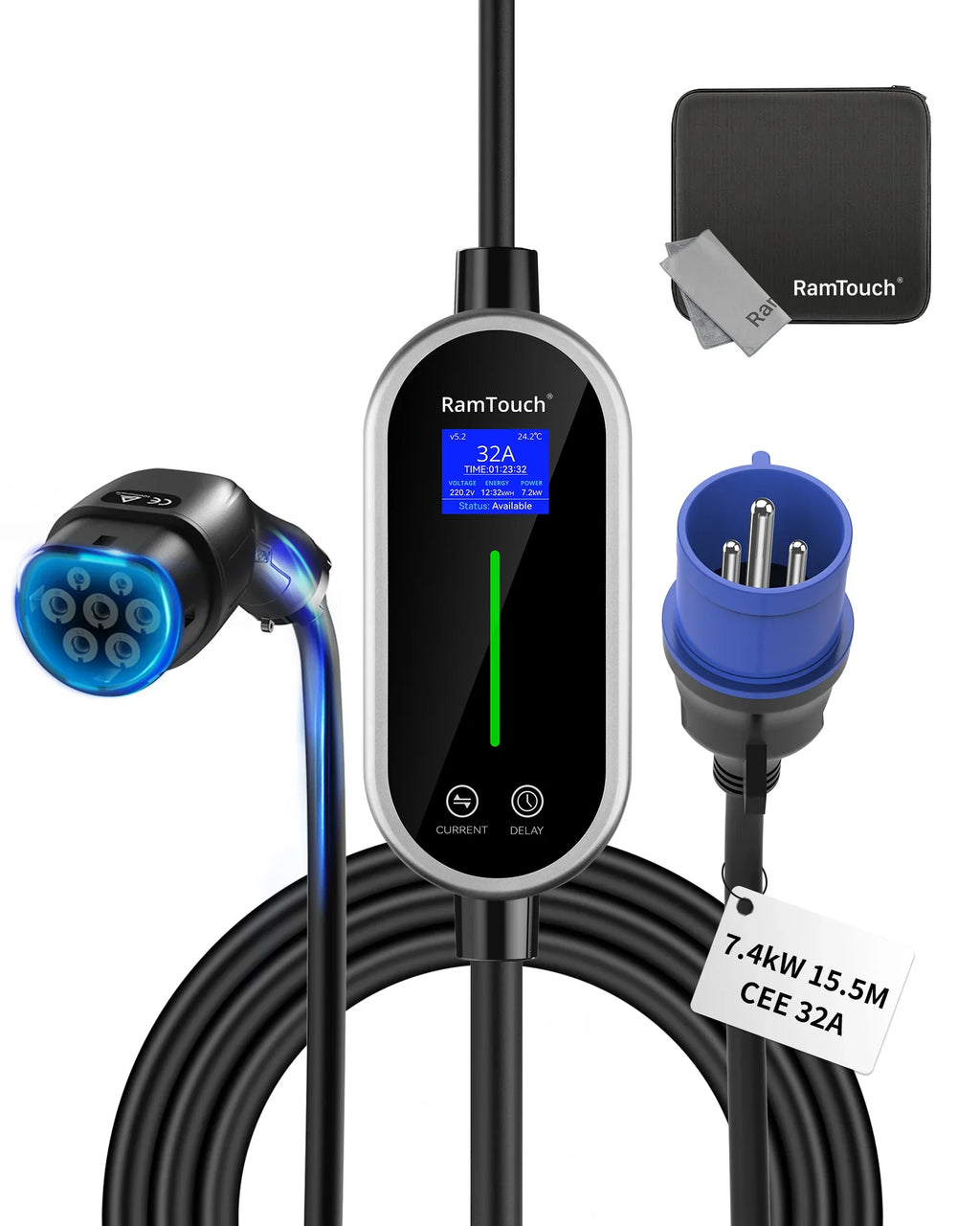 RamTouch Electric Vehicle Charger (7.4 kW, Type 2, 32 A CEE Plug) - Portable EV Charger with Smart Function, Compatible with EV and Plug-in Hybrid