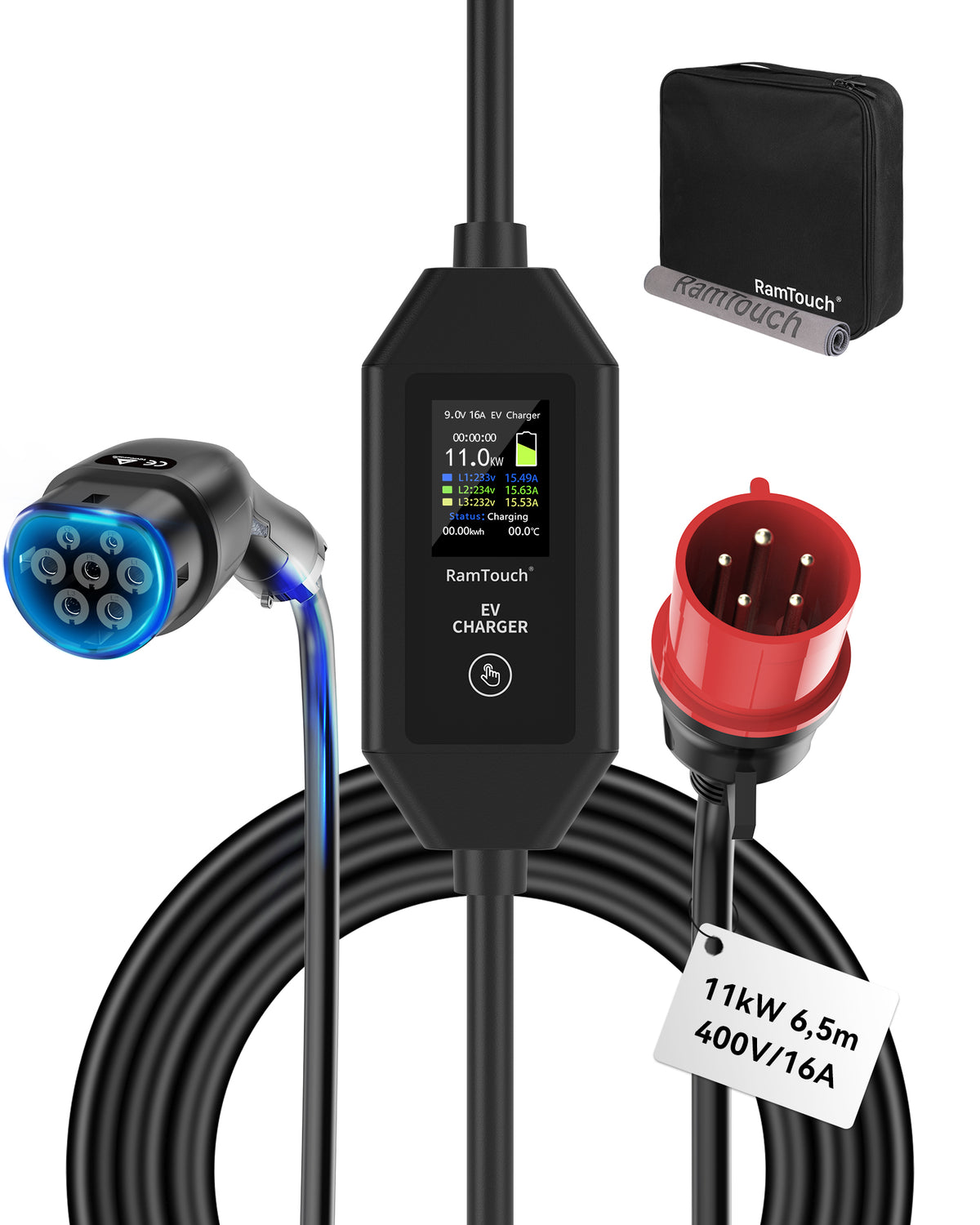 RamTouch Ladegerät für Elektrofahrzeuge (11 kW, Typ 2) – Tragbares EV-Ladegerät mit Smart-Funktion, Mobile Wallbox 2 in 1, für Elektroautos Tesla Model Y/3/S/X, ENYAQ, EX30, E-TRON, ID.3, MG4