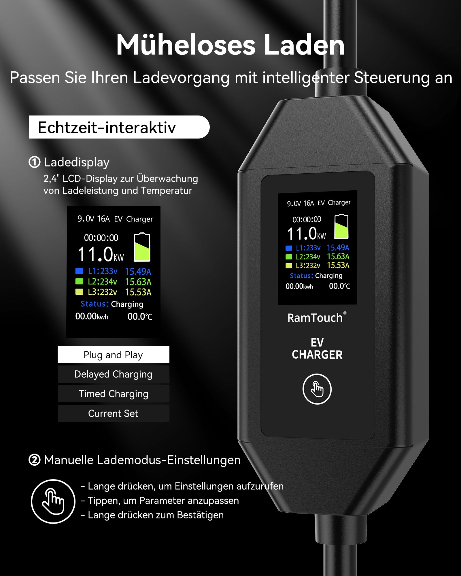 RamTouch Ladegerät für Elektrofahrzeuge (11 kW, Typ 2) – Tragbares EV-Ladegerät mit Smart-Funktion, Mobile Wallbox 2 in 1, für Elektroautos Tesla Model Y/3/S/X, ENYAQ, EX30, E-TRON, ID.3, MG4