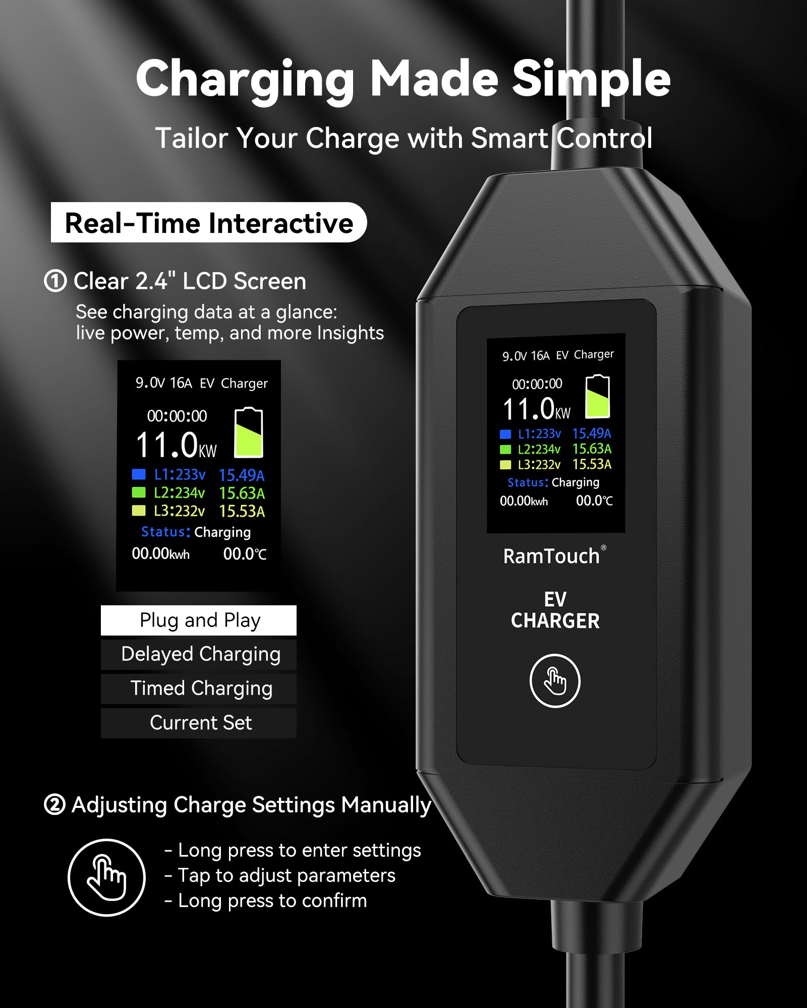 RamTouch Electric Vehicle Charger (11kW, Type 2) - Portable EV Charger with Smart Function, Mobile Wallbox 11kW, Compatible with EV and Plug-in Hybrid