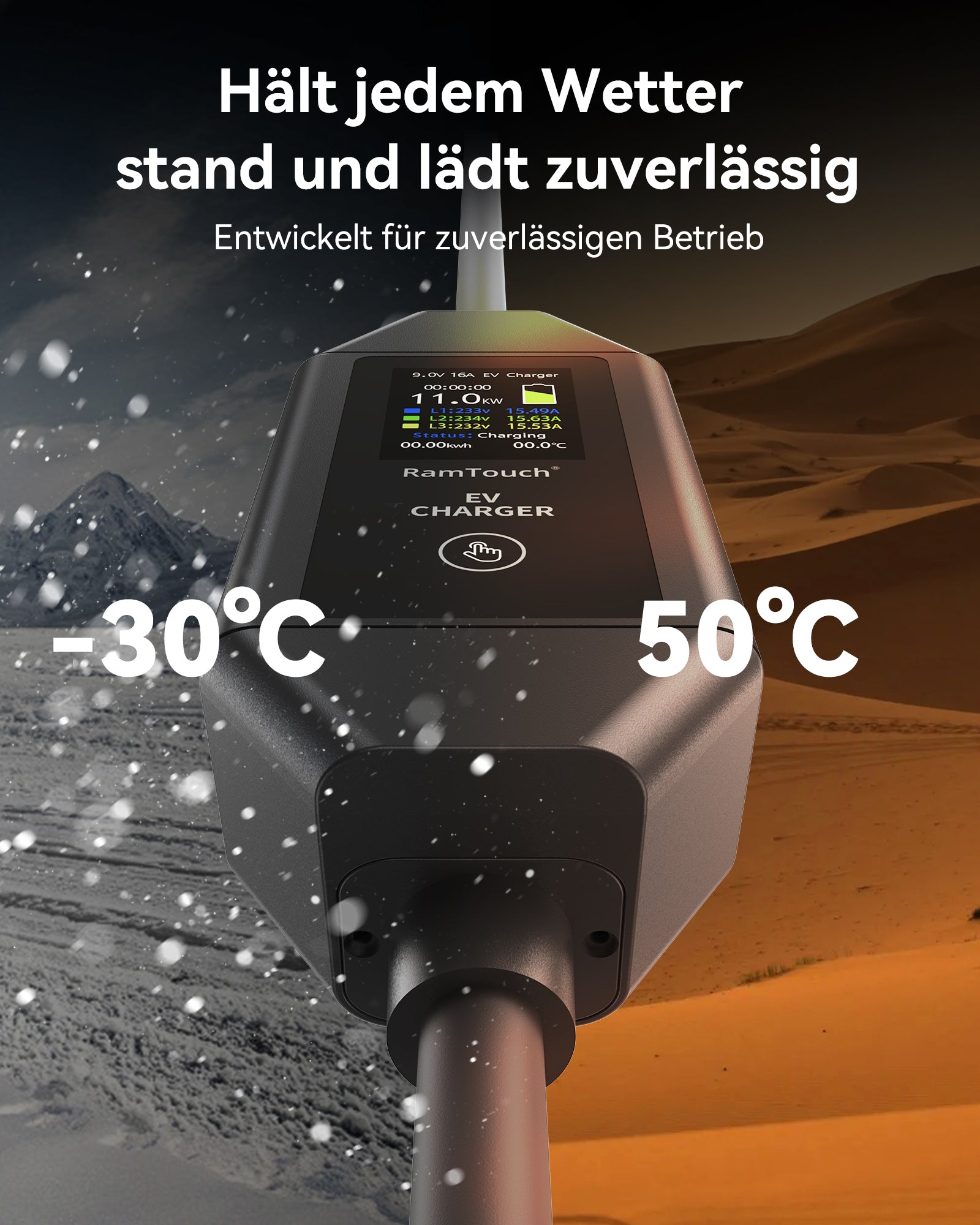 RamTouch Ladegerät für Elektrofahrzeuge (11 kW, Typ 2) – Tragbares EV-Ladegerät mit Smart-Funktion, Mobile Wallbox 2 in 1, für Elektroautos Tesla Model Y/3/S/X, ENYAQ, EX30, E-TRON, ID.3, MG4