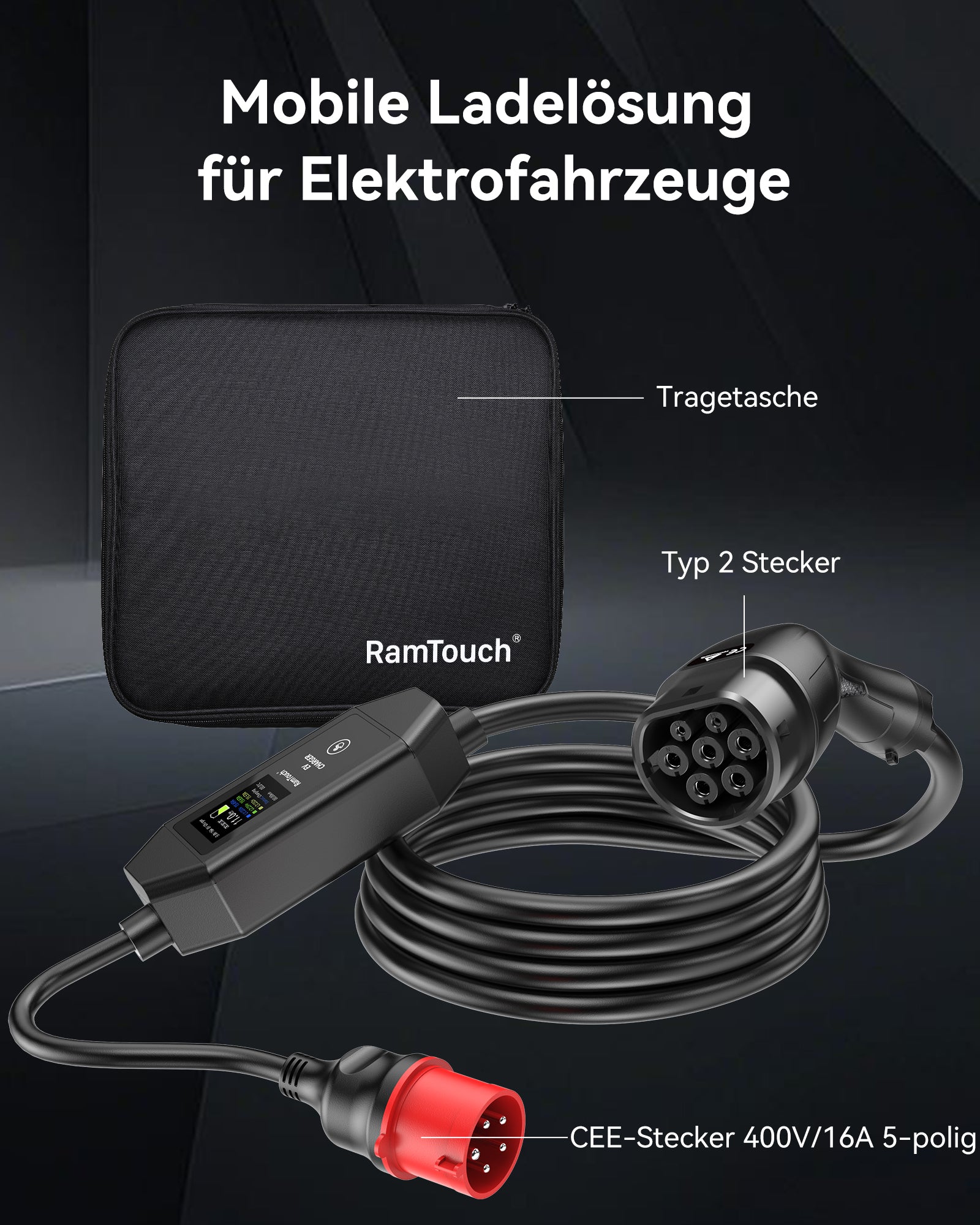 RamTouch Ladegerät für Elektrofahrzeuge (11 kW, Typ 2) – Tragbares EV-Ladegerät mit Smart-Funktion, Mobile Wallbox 2 in 1, für Elektroautos Tesla Model Y/3/S/X, ENYAQ, EX30, E-TRON, ID.3, MG4