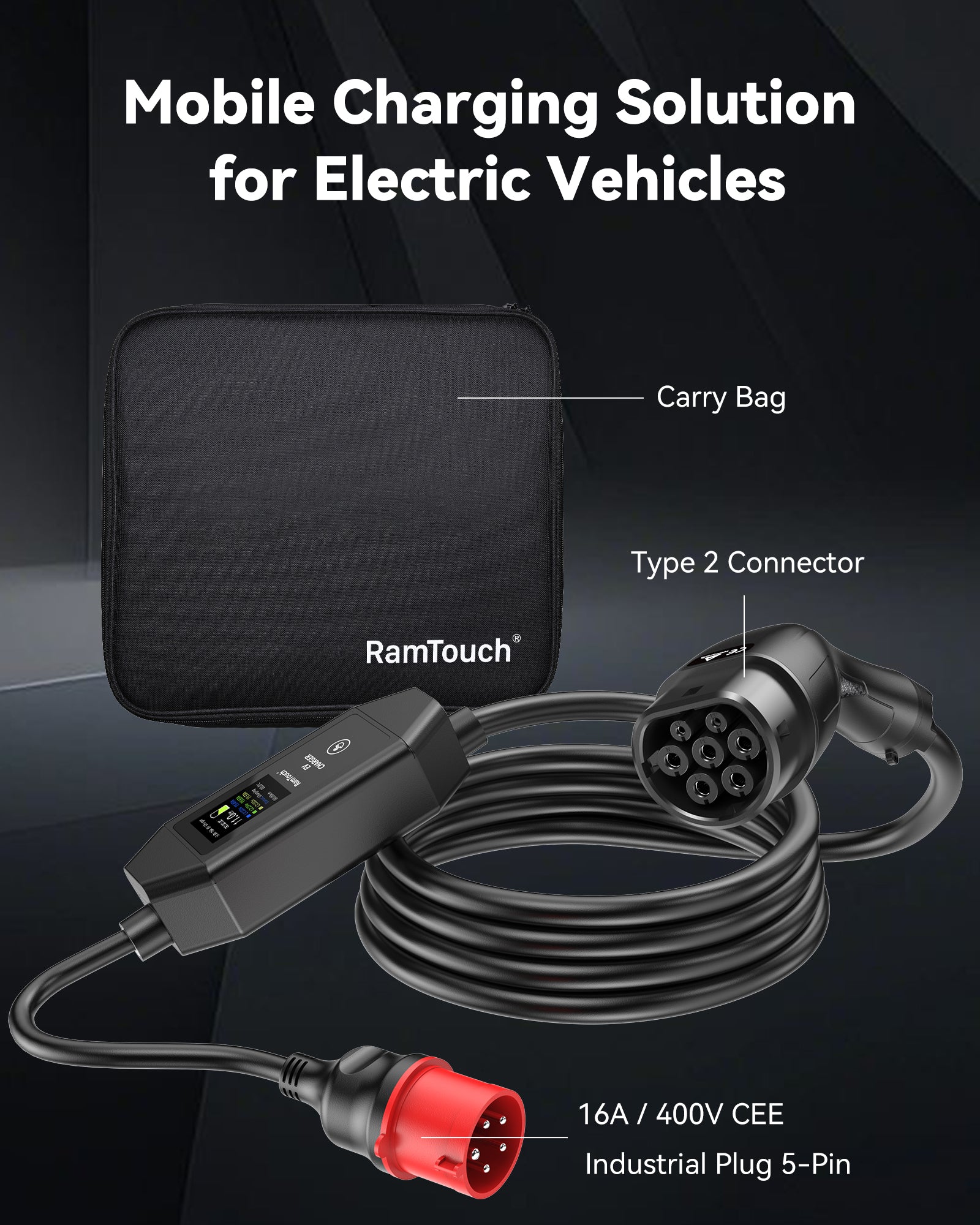 RamTouch Electric Vehicle Charger (11kW, Type 2) - Portable EV Charger with Smart Function, Mobile Wallbox 11kW, Compatible with EV and Plug-in Hybrid