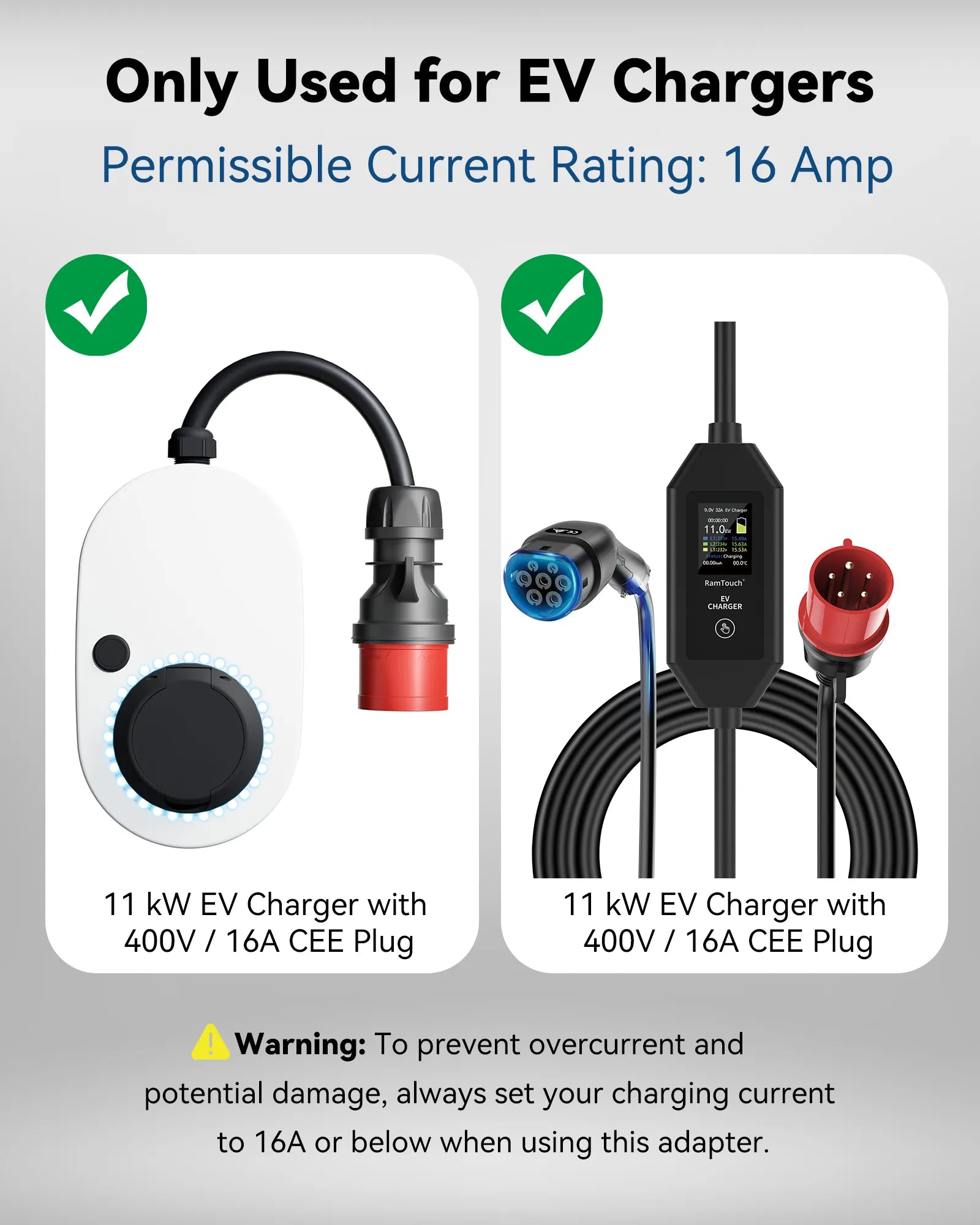 RamTouch Fly Lead Socket Converter (16A Schuko Plug to 16A 5-Pin CEE Socket, 50cm, IP44, Max. 16A, 3G2.5mm²) - CEE Adapter for Portable EV Charger, Mobile Wallbox, and Mobile EV Charging Station