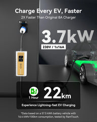 Electric Vehicle Charger (3.7 kW, Type 2, CEE Plug 16A) – Portable EV Charger | 6A - 16A | Delay Start | Timed Charging | For Type 2 EVs and PHEVs