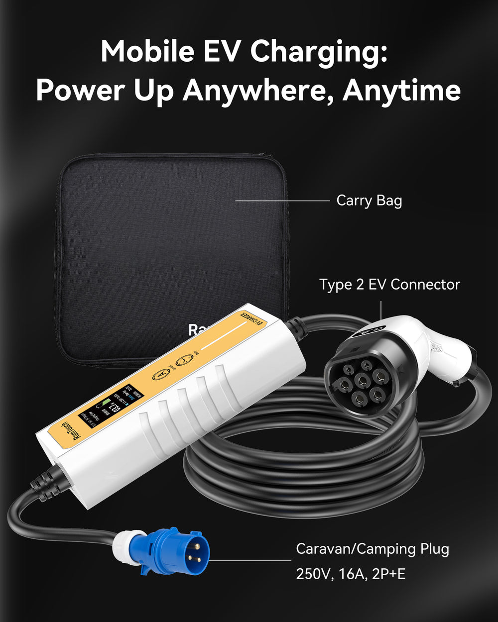 Electric Vehicle Charger (3.7 kW, Type 2, CEE Plug 16A) – Portable EV Charger | 6A - 16A | Delay Start | Timed Charging | For Type 2 EVs and PHEVs - RamTouch EV Chargers - Smart Electric Vehicle Charging Solutions