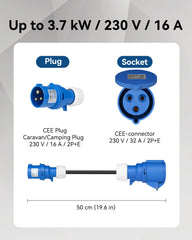 RamTouch Fly Lead Socket Converter (16A Caravan Plug to 32A CEE Socket, 50cm, IP44, Max. 16A, 3G2.5mm²) - CEE Adapter for Portable EV Charger, Mobile Wallbox, and Mobile EV Charging Station