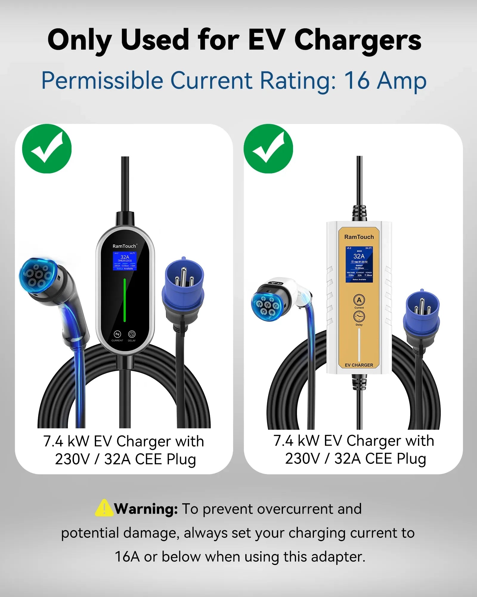 RamTouch Fly Lead Socket Converter (16A Caravan Plug to 32A CEE Socket, 50cm, Max.16A, 3G2.5mm²) - CEE Adapter for Portable EV Charger, Mobile Wallbox