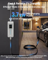 Portable EV Charger (3.7 kW, 16 A, IP67) | Schuko Plug to Type 2 | Mode 2 EV Charging Cable with Adjustable 6 A to 16 A, LCD Display, Timer, AC/DC RCD Protection for EVs and PHEVs