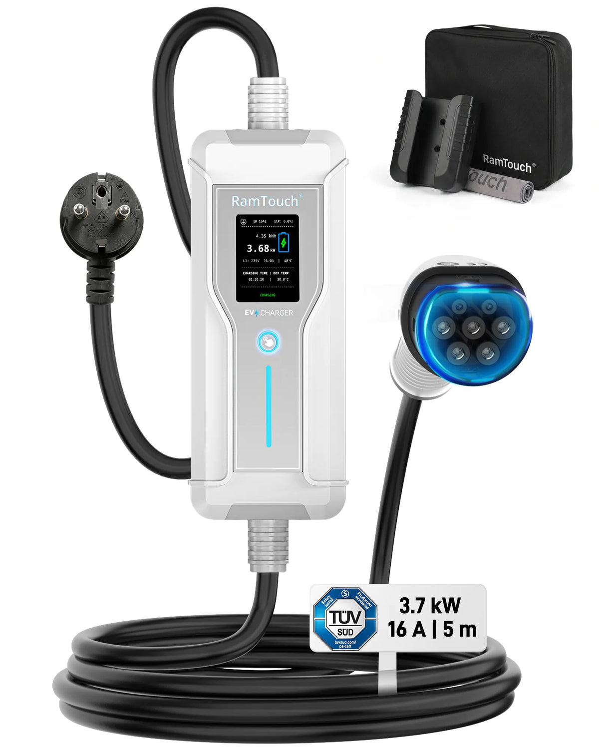 Portable EV Charger (3.7 kW, 16 A, IP67) | Schuko Plug to Type 2 | Mode 2 EV Charging Cable with Adjustable 6 A to 16 A, LCD Display, Timer, AC/DC RCD Protection for EVs and PHEVs