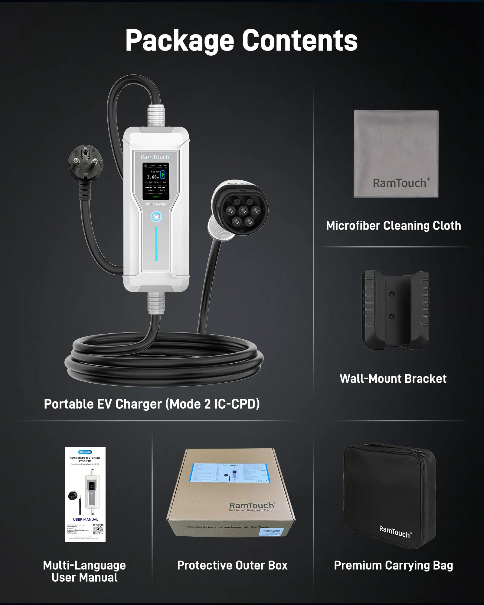 Portable EV Charger (3.7 kW, 16 A, IP67) | Schuko Plug to Type 2 | Mode 2 EV Charging Cable with Adjustable 6 A to 16 A, LCD Display, Timer, AC/DC RCD Protection for EVs and PHEVs