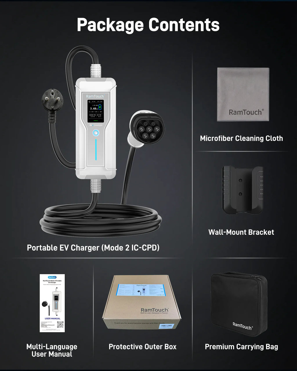 Portable EV Charger (3.7 kW, 16 A, IP67) | Schuko Plug to Type 2 | Mode 2 EV Charging Cable with Adjustable 6 A to 16 A, LCD Display, Timer, AC/DC RCD Protection for EVs and PHEVs