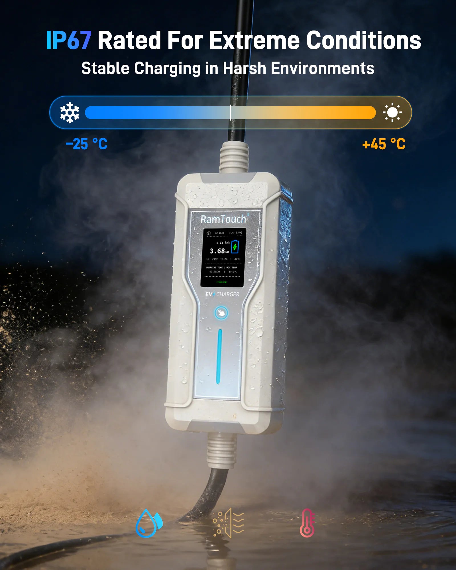 Portable EV Charger (3.7 kW, 16 A, IP67) | Schuko Plug to Type 2 | Mode 2 EV Charging Cable with Adjustable 6 A to 16 A, LCD Display, Timer, AC/DC RCD Protection for EVs and PHEVs