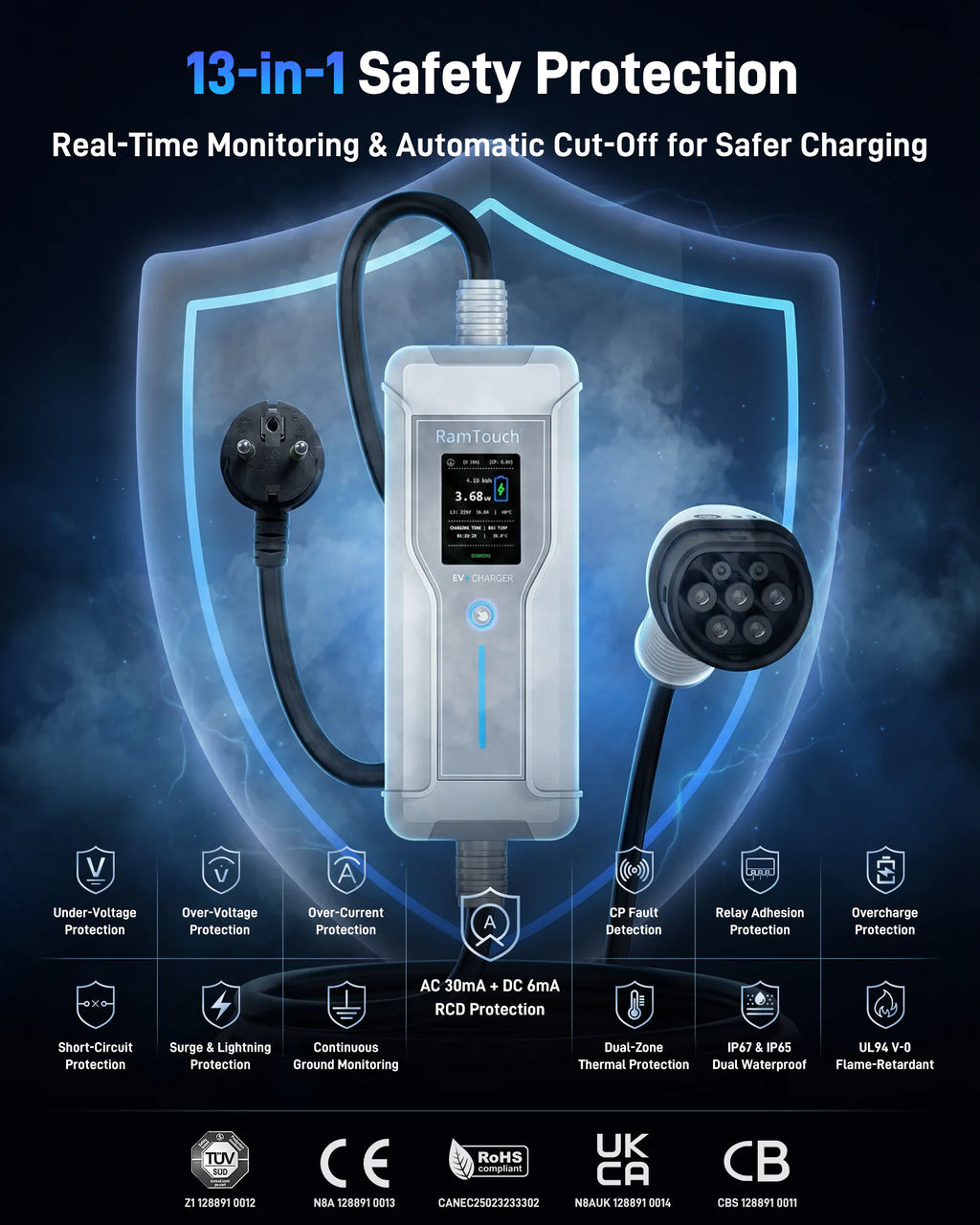 Portable EV Charger (3.7 kW, 16 A, IP67) | Schuko Plug to Type 2 | Mode 2 EV Charging Cable with Adjustable 6 A to 16 A, LCD Display, Timer, AC/DC RCD Protection for EVs and PHEVs
