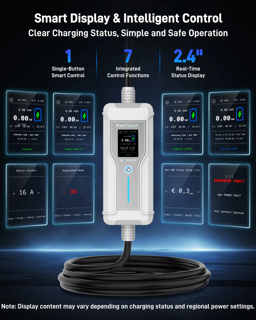 Portable EV Charger (3.7 kW, 16 A, IP67) | Schuko Plug to Type 2 | Mode 2 EV Charging Cable with Adjustable 6 A to 16 A, LCD Display, Timer, AC/DC RCD Protection for EVs and PHEVs
