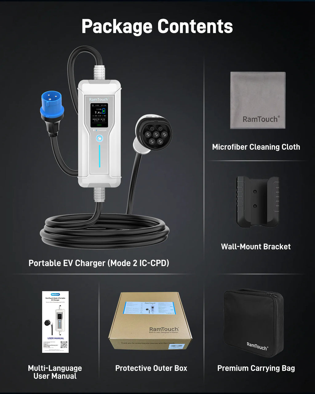 Portable EV Charger (7.4 kW, 32A, IP67) | CEE 32 A Commando Plug to Type 2 | Mode 2 Fast Charging Cable with Adjustable 6A–32A, Smart Timer & LCD, AC/DC RCD Protection for EVs & PHEVs
