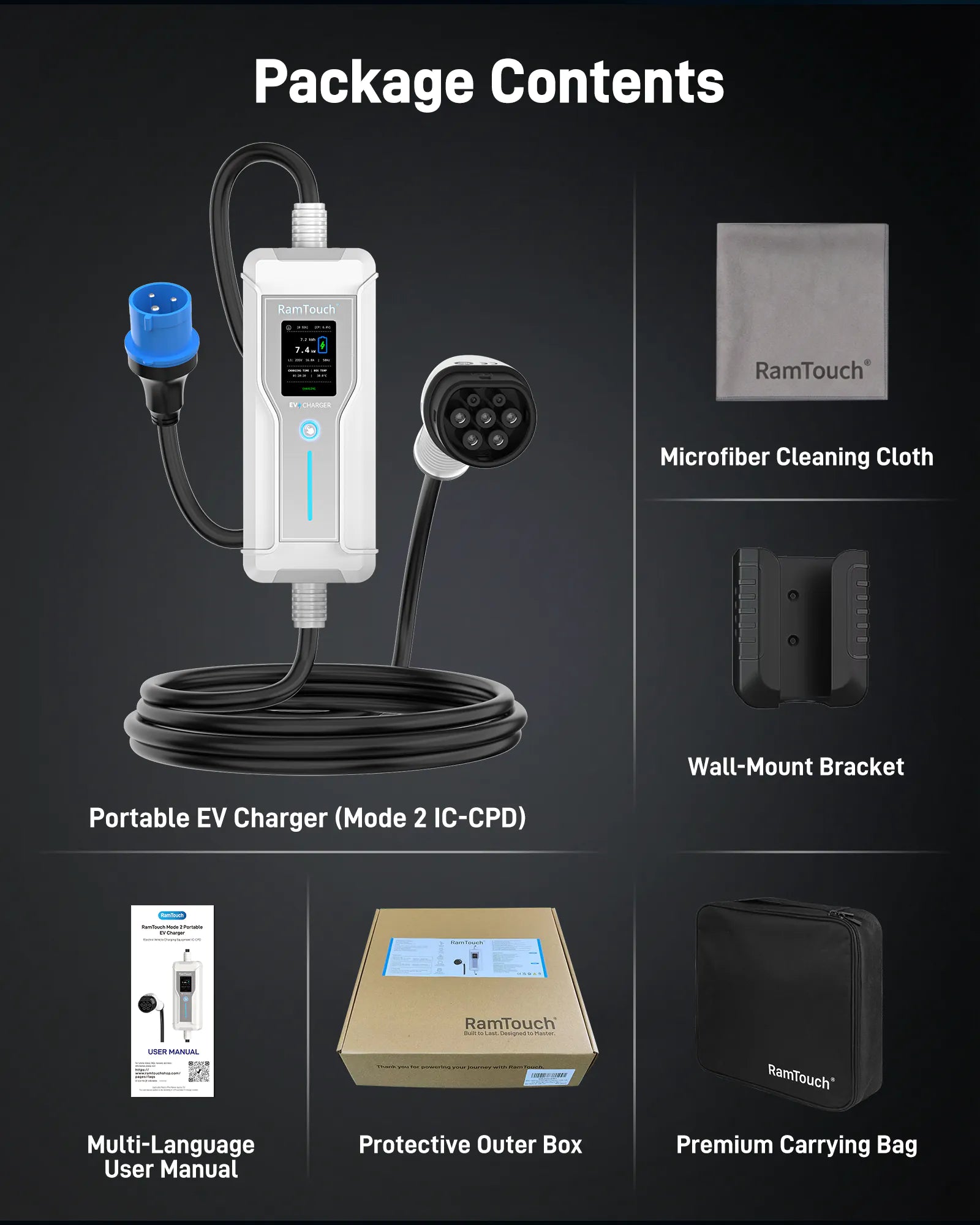 Portable EV Charger (7.4 kW, 32A, IP67) | CEE 32 A Commando Plug to Type 2 | Mode 2 Fast Charging Cable with Adjustable 6A–32A, Smart Timer & LCD, AC/DC RCD Protection for EVs & PHEVs
