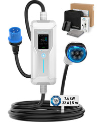 Portable EV Charger (7.4 kW, 32A, IP67) | CEE 32 A Commando Plug to Type 2 | Mode 2 Fast Charging Cable with Adjustable 6A–32A, Smart Timer & LCD, AC/DC RCD Protection for EVs & PHEVs
