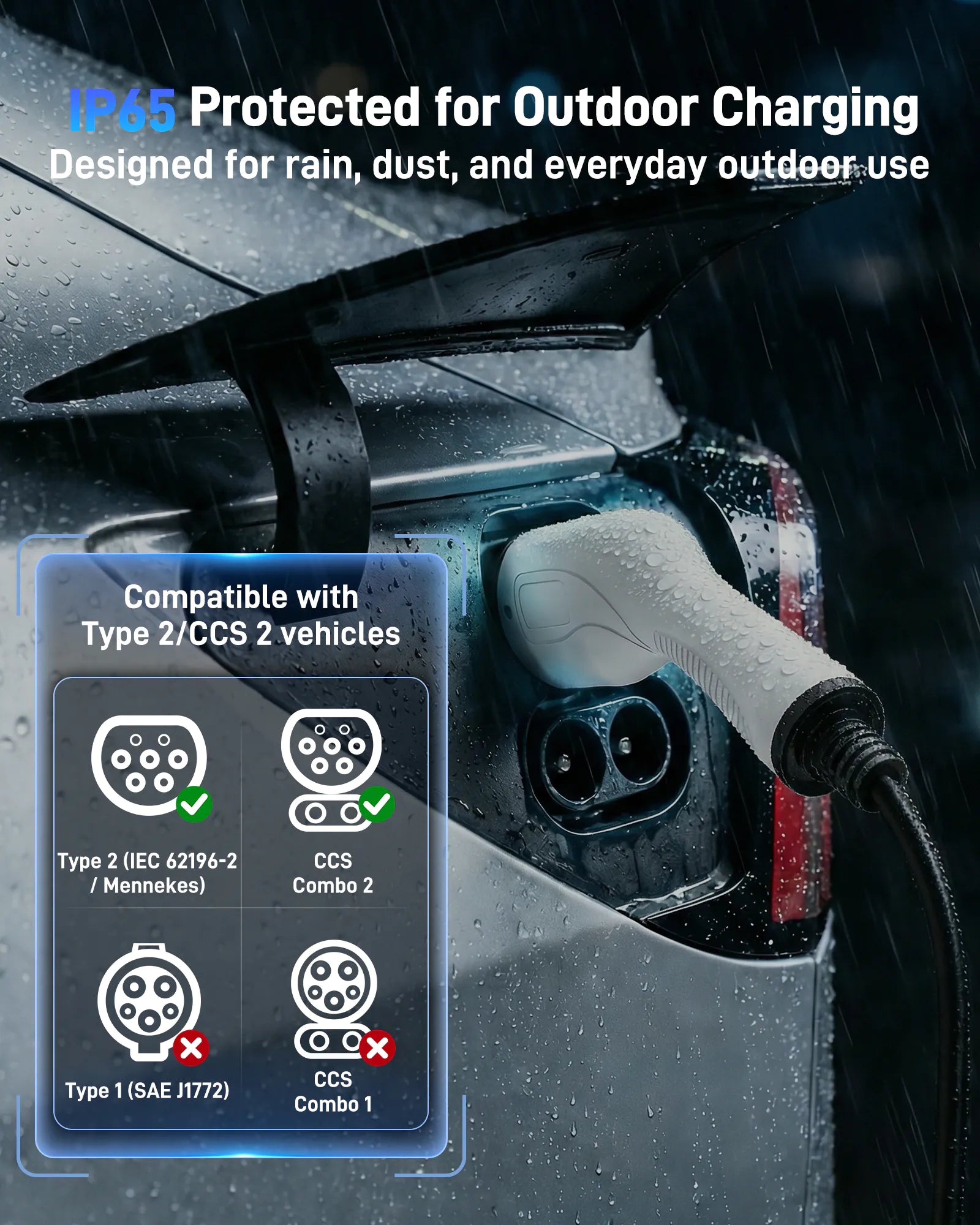 Portable EV Charger (7.4 kW, 32A, IP67) | CEE 32 A Commando Plug to Type 2 | Mode 2 Fast Charging Cable with Adjustable 6A–32A, Smart Timer & LCD, AC/DC RCD Protection for EVs & PHEVs
