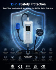 Portable EV Charger (7.4 kW, 32A, IP67) | CEE 32 A Commando Plug to Type 2 | Mode 2 Fast Charging Cable with Adjustable 6A–32A, Smart Timer & LCD, AC/DC RCD Protection for EVs & PHEVs