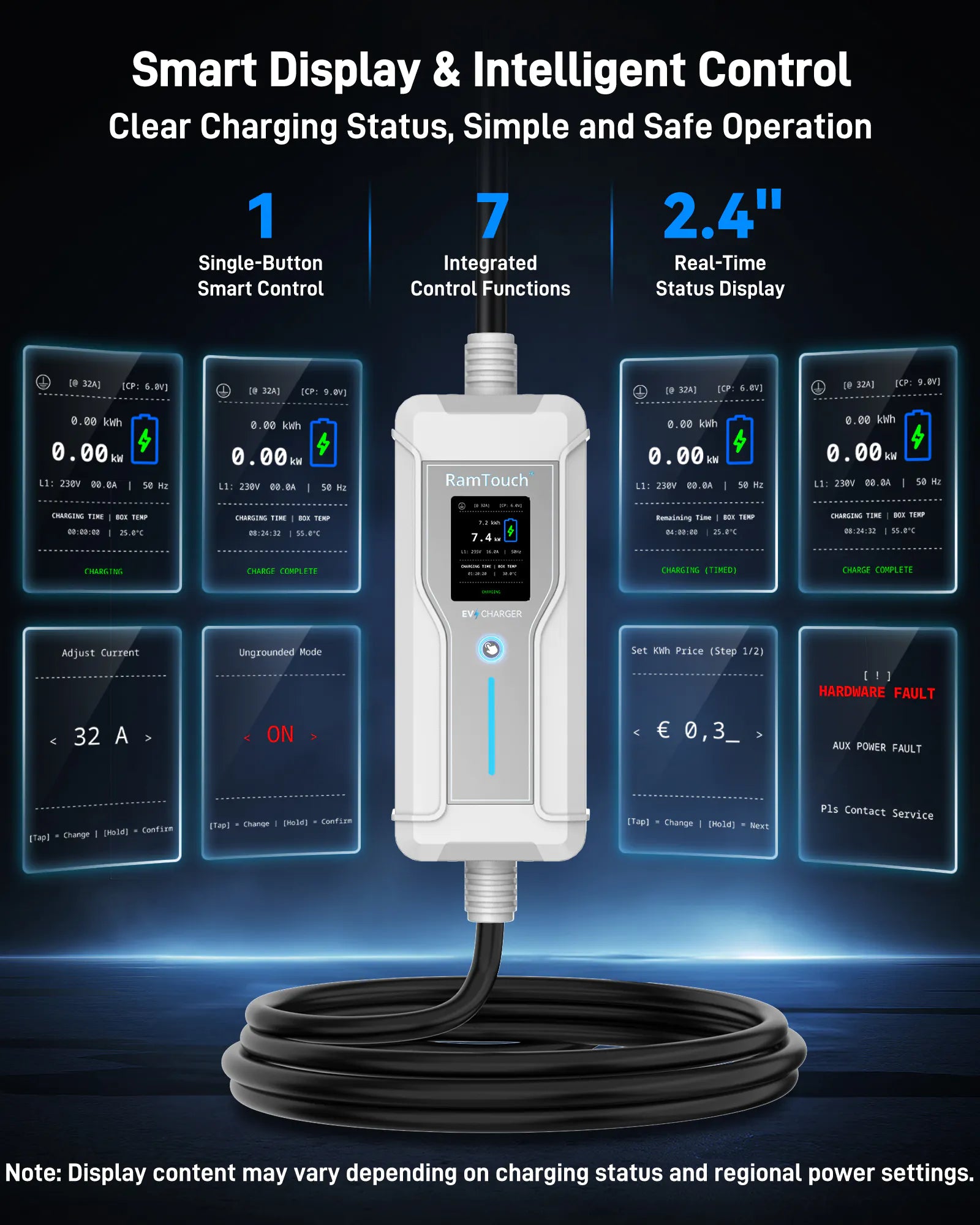 Portable EV Charger (7.4 kW, 32A, IP67) | CEE 32 A Commando Plug to Type 2 | Mode 2 Fast Charging Cable with Adjustable 6A–32A, Smart Timer & LCD, AC/DC RCD Protection for EVs & PHEVs