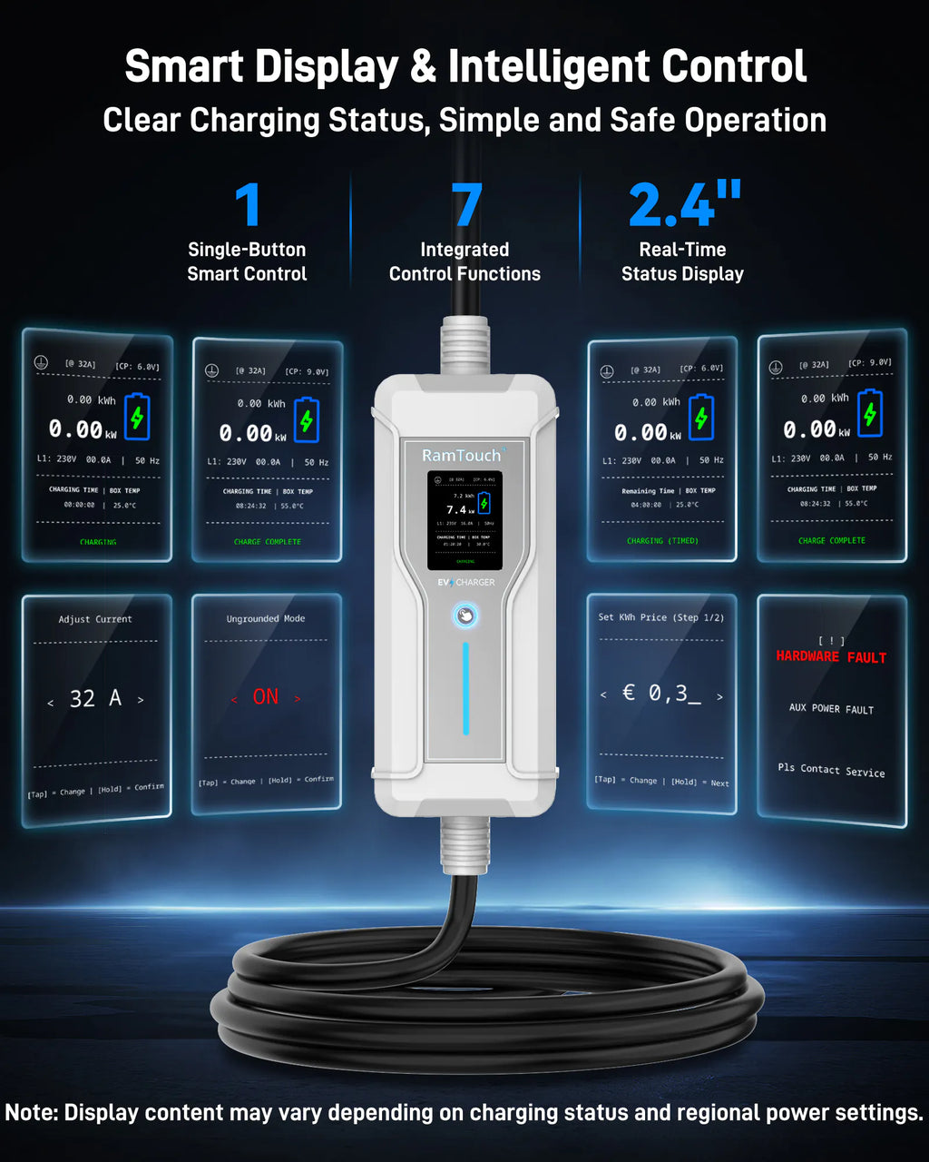 Portable EV Charger (7.4 kW, 32A, IP67) | CEE 32 A Commando Plug to Type 2 | Mode 2 Fast Charging Cable with Adjustable 6A–32A, Smart Timer & LCD, AC/DC RCD Protection for EVs & PHEVs