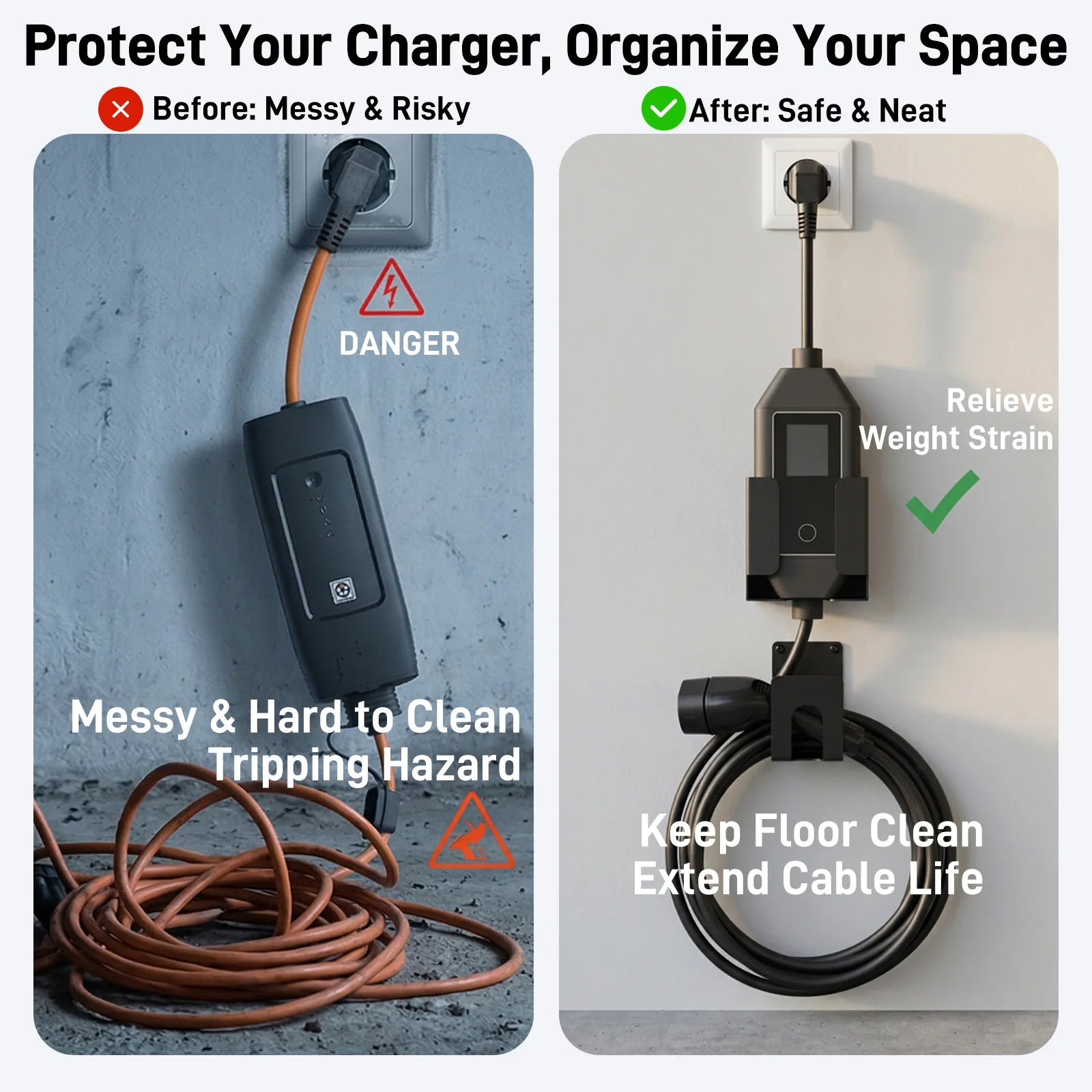 Kit de support de chargeur RamTouch pour véhicule électrique – Organiseur mural (support de boîtier de commande et crochet en J), pour chargeur portable pour véhicule électrique, support métallique robuste 