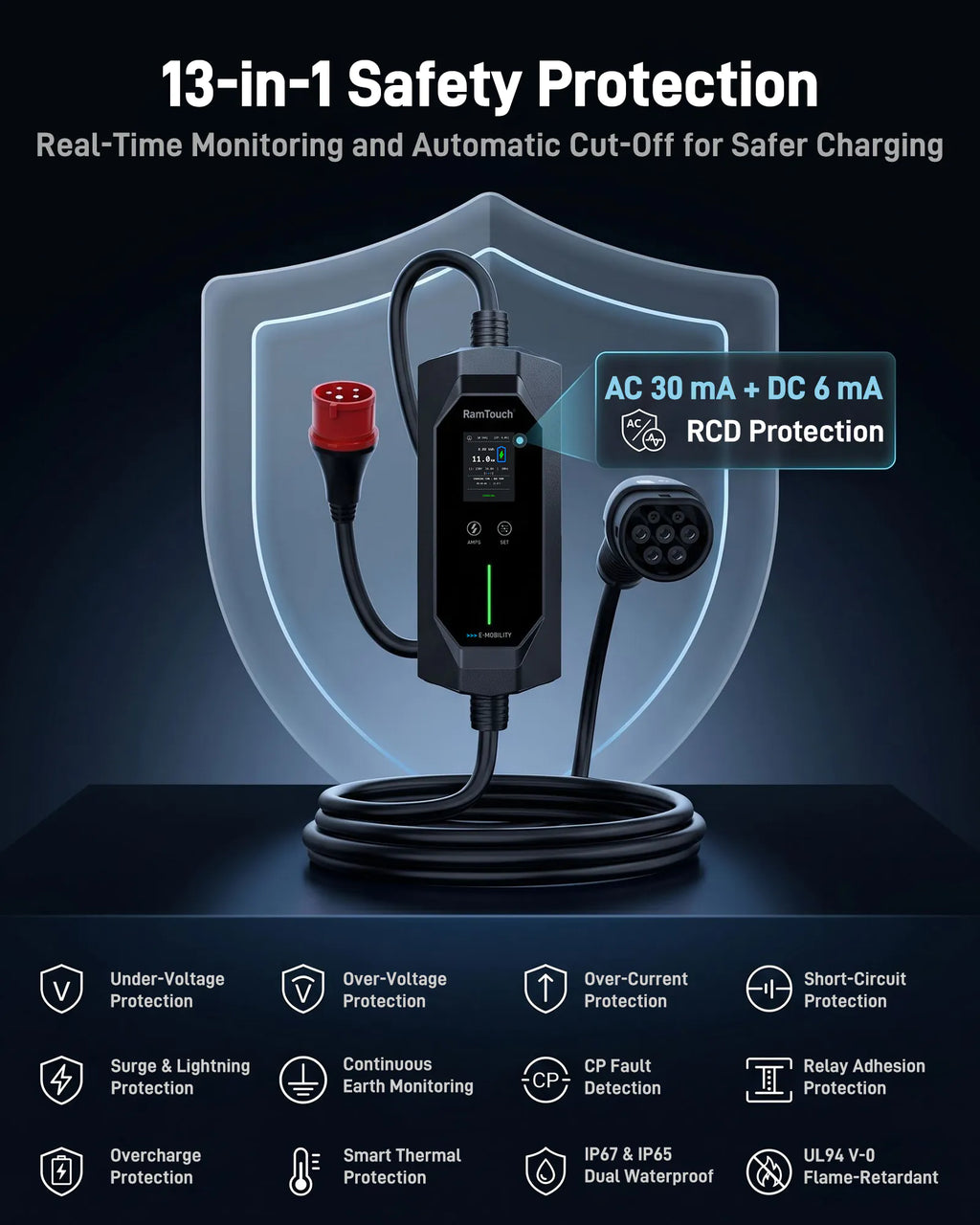 Chargeur mobile VE 11 kW 16 A, fiche CEE rouge 16 A vers Type 2, wallbox mobile Mode 2 avec courant réglable 6 A à 16 A, minuterie intelligente, écran LCD, protection différentielle AC/DC, boîtier IP67, 5 m à 15 m