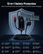 Chargeur mobile VE 11 kW 16 A, fiche CEE rouge 16 A vers Type 2, wallbox mobile Mode 2 avec courant réglable 6 A à 16 A, minuterie intelligente, écran LCD, protection différentielle AC/DC, boîtier IP67, 5 m à 15 m