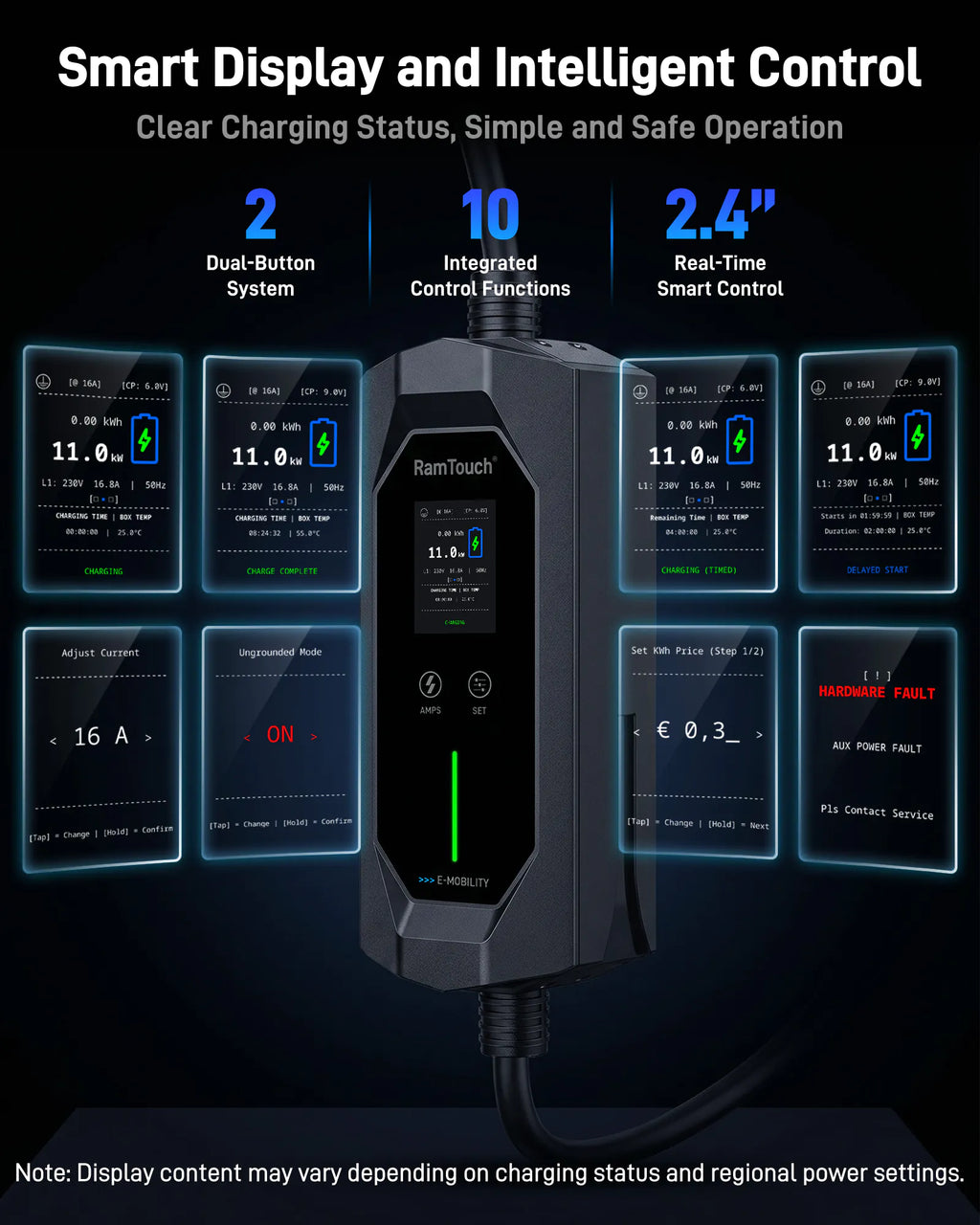 Chargeur mobile VE 11 kW 16 A, fiche CEE rouge 16 A vers Type 2, wallbox mobile Mode 2 avec courant réglable 6 A à 16 A, minuterie intelligente, écran LCD, protection différentielle AC/DC, boîtier IP67, 5 m à 15 m
