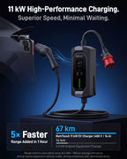 Chargeur mobile VE 11 kW 16 A, fiche CEE rouge 16 A vers Type 2, wallbox mobile Mode 2 avec courant réglable 6 A à 16 A, minuterie intelligente, écran LCD, protection différentielle AC/DC, boîtier IP67, 5 m à 15 m