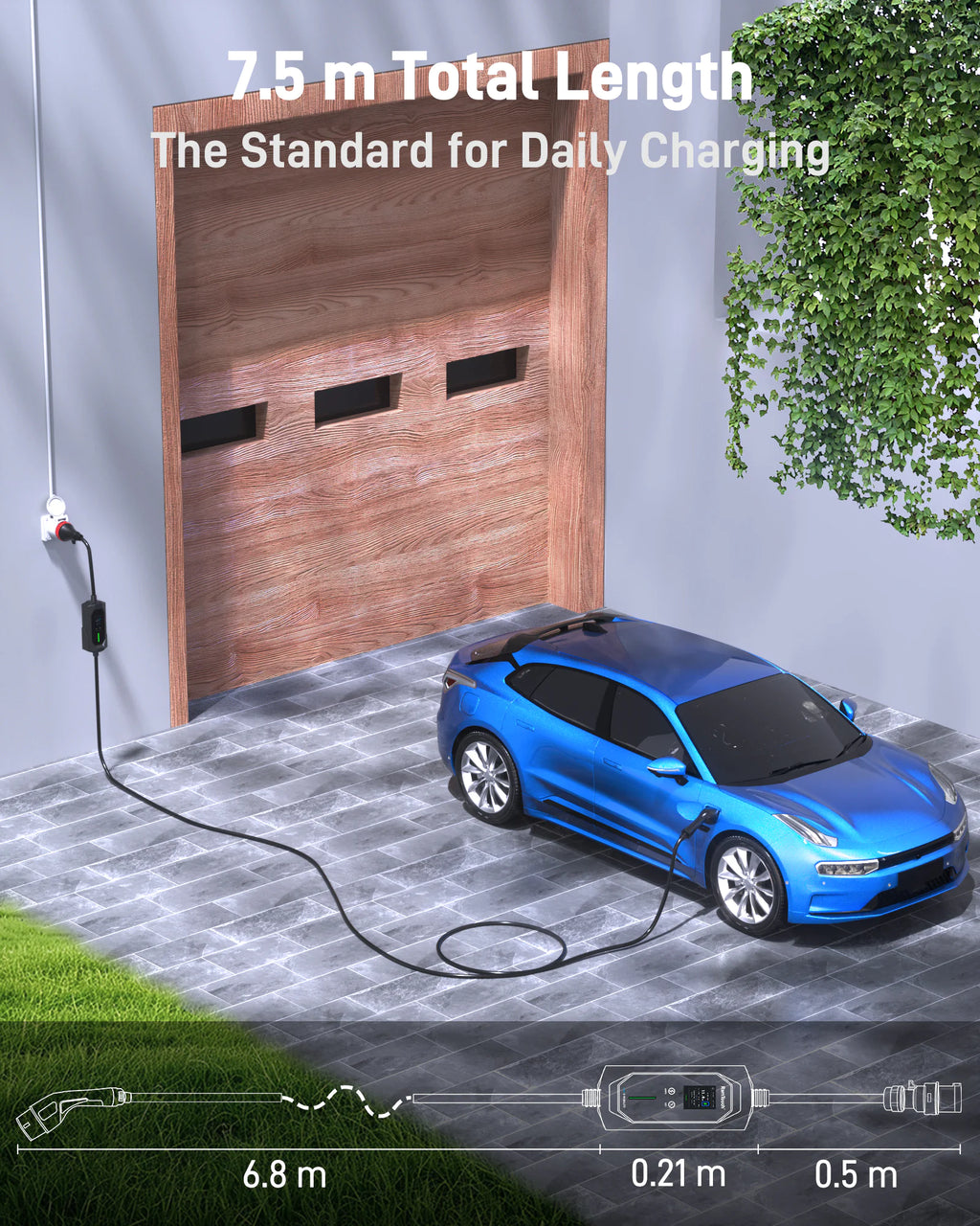 Chargeur mobile VE 11 kW 16 A, fiche CEE rouge 16 A vers Type 2, wallbox mobile Mode 2 avec courant réglable 6 A à 16 A, minuterie intelligente, écran LCD, protection différentielle AC/DC, boîtier IP67, 5 m à 15 m