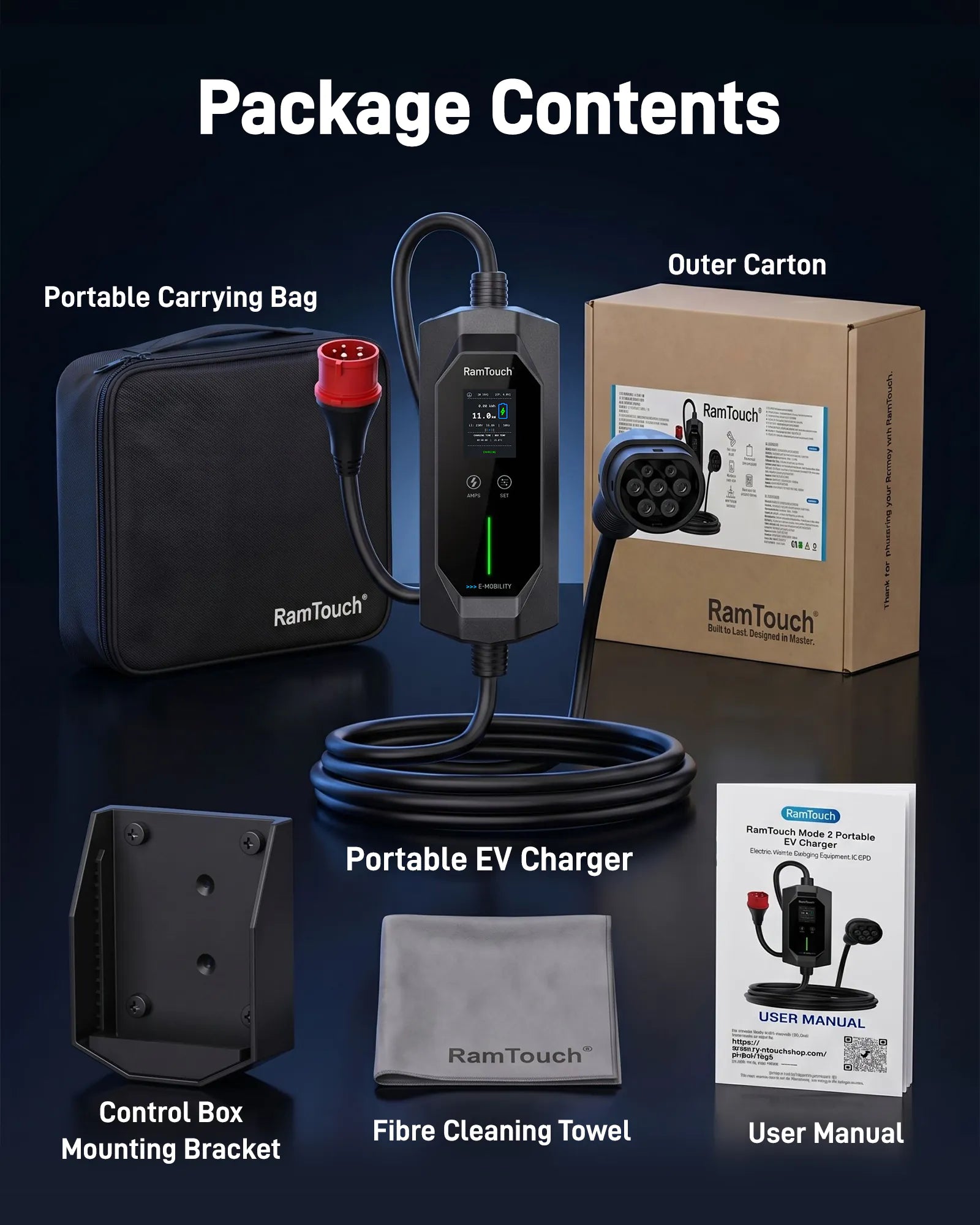 Chargeur mobile VE 11 kW 16 A, fiche CEE rouge 16 A vers Type 2, wallbox mobile Mode 2 avec courant réglable 6 A à 16 A, minuterie intelligente, écran LCD, protection différentielle AC/DC, boîtier IP67, 5 m à 15 m