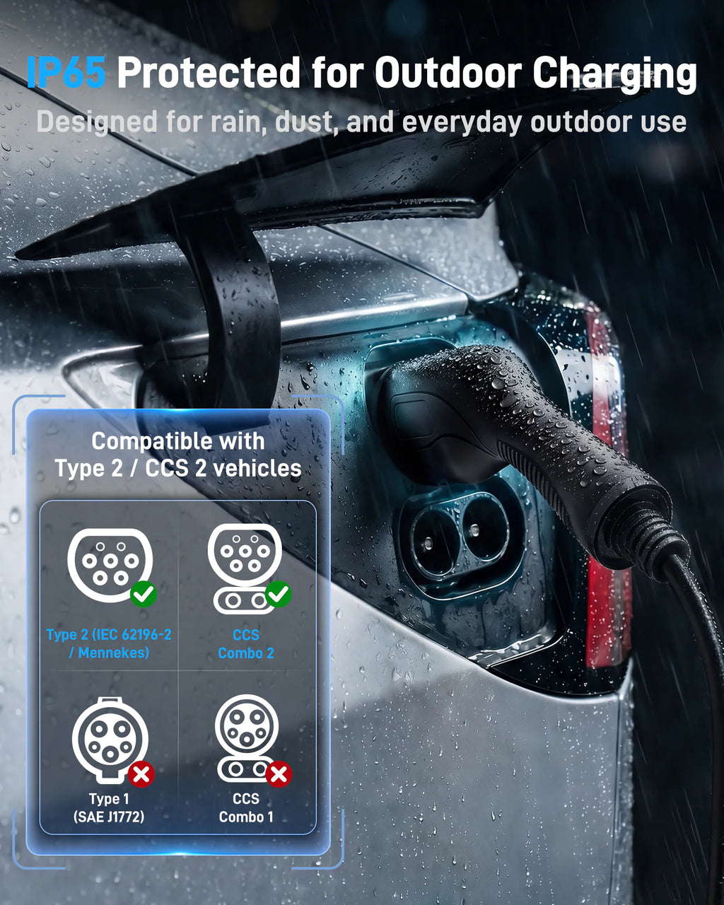 Chargeur mobile VE 11 kW 16 A, fiche CEE rouge 16 A vers Type 2, wallbox mobile Mode 2 avec courant réglable 6 A à 16 A, minuterie intelligente, écran LCD, protection différentielle AC/DC, boîtier IP67, 5 m à 15 m
