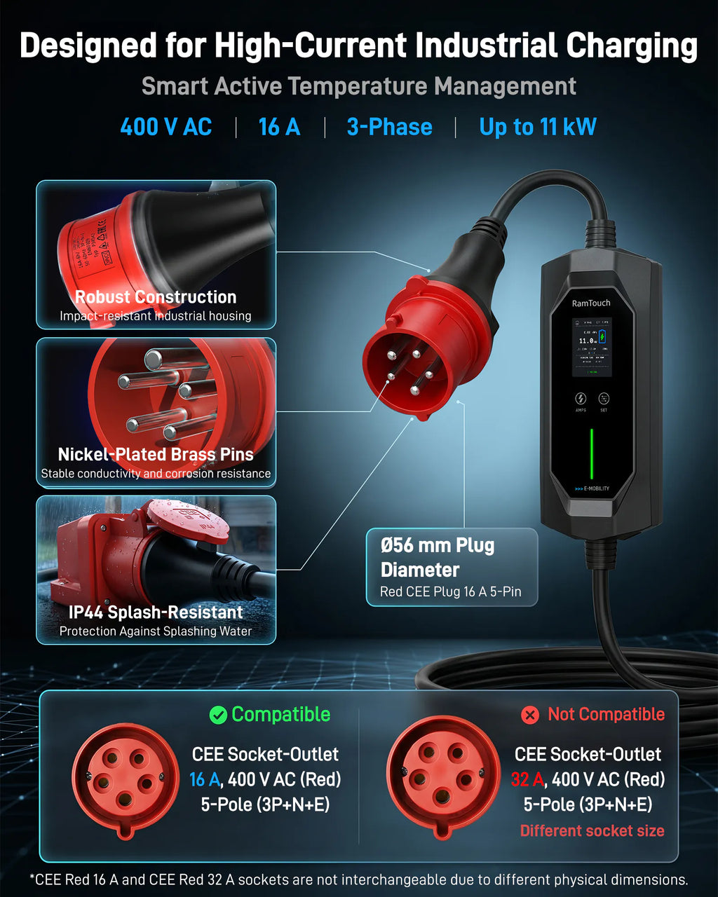 Chargeur mobile VE 11 kW 16 A, fiche CEE rouge 16 A vers Type 2, wallbox mobile Mode 2 avec courant réglable 6 A à 16 A, minuterie intelligente, écran LCD, protection différentielle AC/DC, boîtier IP67, 5 m à 15 m