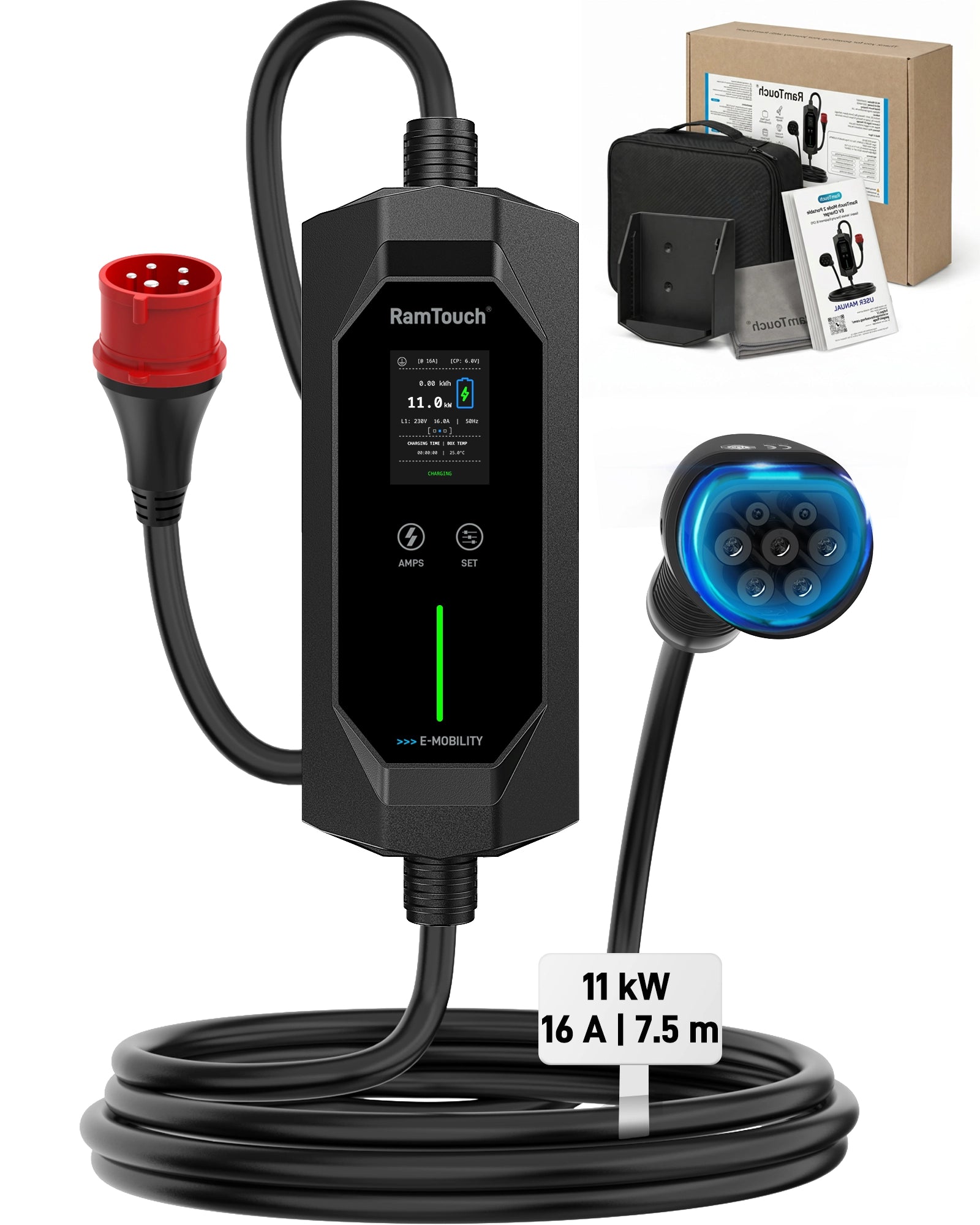 Portable EV Charger 11 kW, 16 A, Red CEE 16 A Plug to Type 2, Mode 2 Mobile Wallbox with Adjustable 6 A to 16 A, Smart Timer, LCD Display, AC/DC RCD Protection, IP67 Control Box, 5 m to 15 m