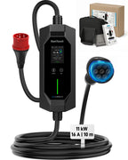 Cargador EV portátil 11 kW, 16 A, enchufe CEE rojo 16 A a Type 2, mobile wallbox Mode 2 con ajuste 6 A-16 A, temporizador, pantalla LCD, protección RCD AC/DC, caja IP67, 5 m a 15 m