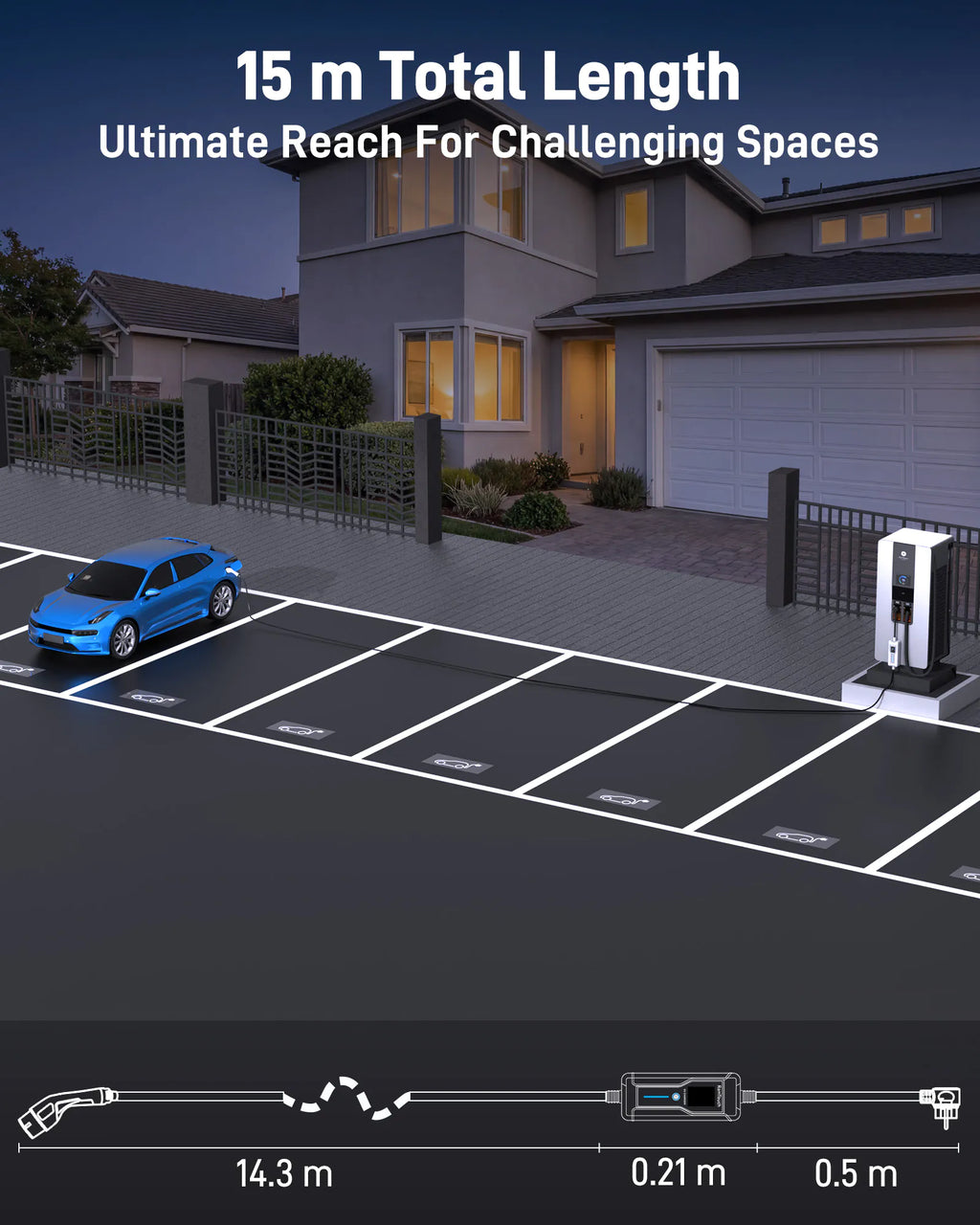 Portable EV Charger (3.7 kW, 16 A, IP67) | Schuko Plug to Type 2 | Mode 2 EV Charging Cable with Adjustable 6 A to 16 A, LCD Display, Timer, AC/DC RCD Protection for EVs and PHEVs