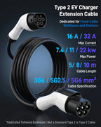 Type 2 EV Charger Extension Cable for Tethered Type 2 Wallboxes, Fixed-Cable EV Chargers and Charging Stations, 7.4 kW / 11 kW / 22 kW