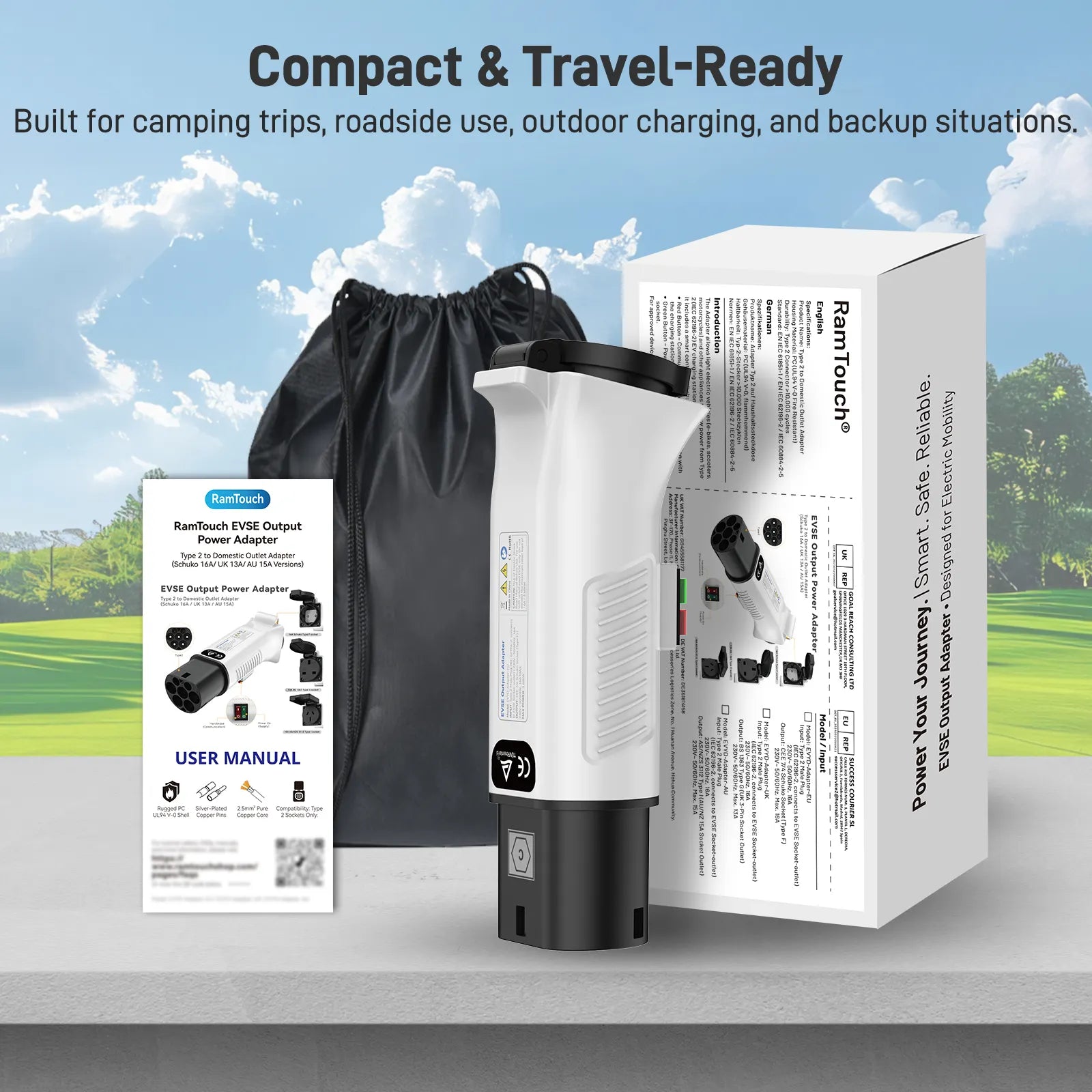 RamTouch Type 2 to Schuko Socket Adapter, 230 V 16 A 3.7 kW, Type 2 Male Plug to Schuko Mains Socket for AC Charging Stations, E-Bikes, E-Scooters, Micro EVs and Portable AC Devices, Not for V2L