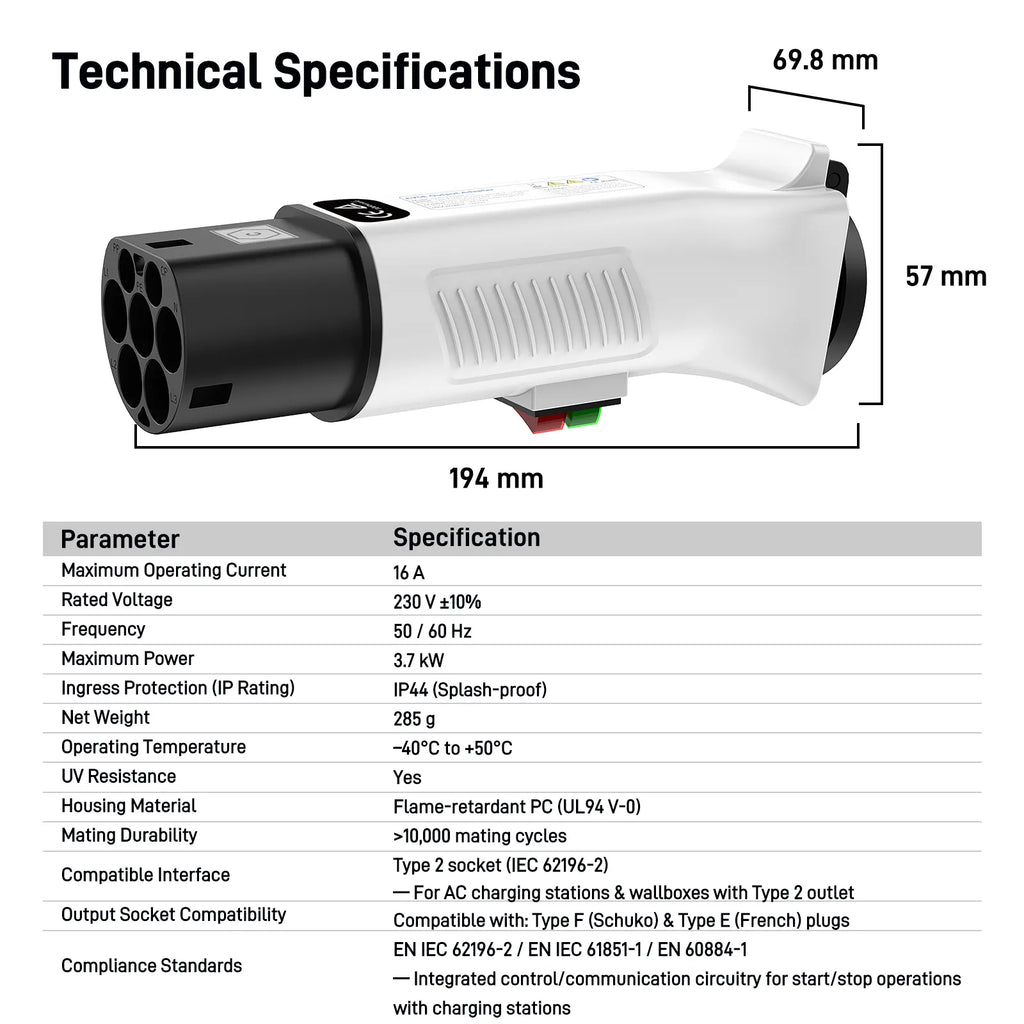 RamTouch Type 2 to Schuko Socket Adapter, 230 V 16 A 3.7 kW, Type 2 Male Plug to Schuko Mains Socket for AC Charging Stations, E-Bikes, E-Scooters, Micro EVs and Portable AC Devices, Not for V2L