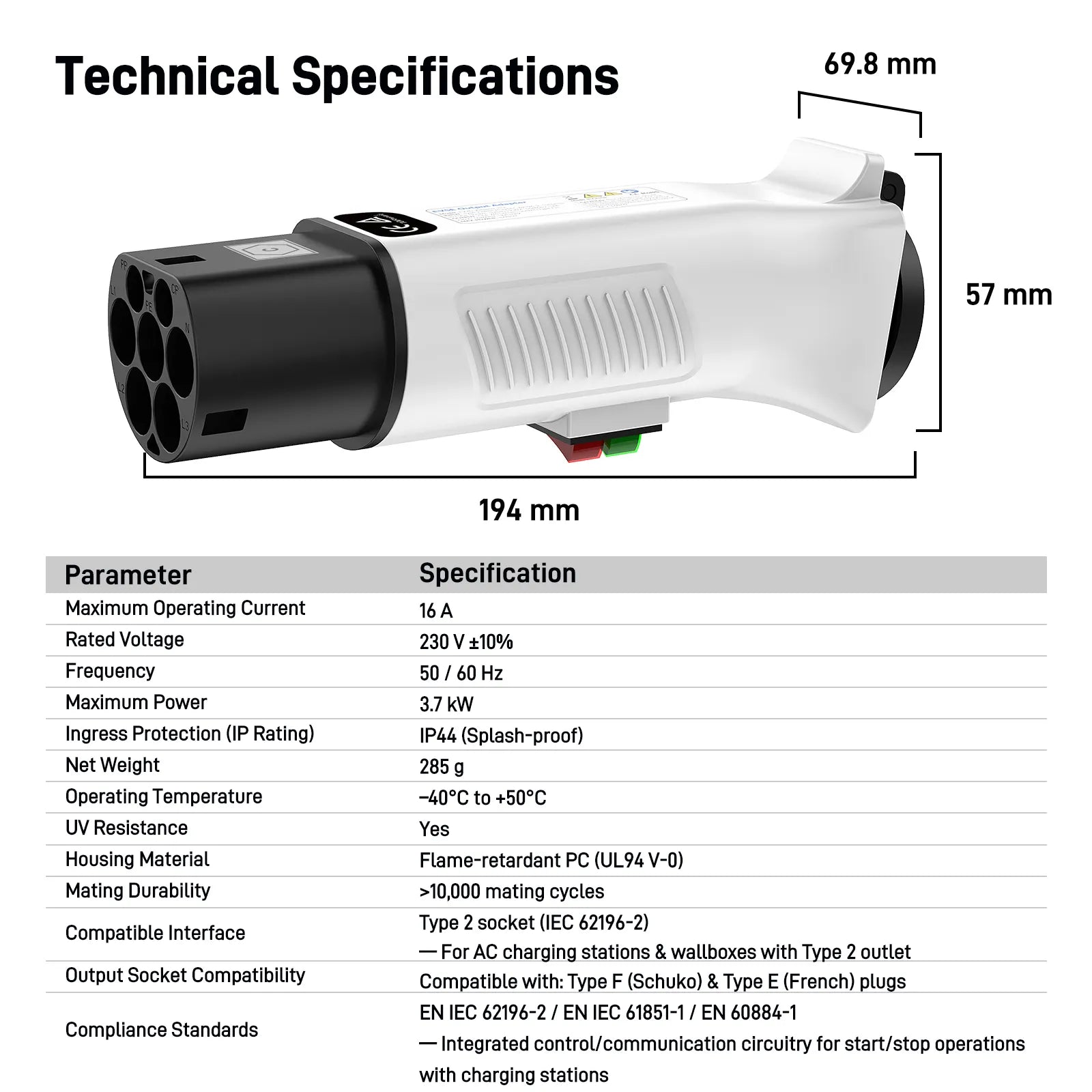 RamTouch Type 2 to Schuko Socket Adapter, 230 V 16 A 3.7 kW, Type 2 Male Plug to Schuko Mains Socket for AC Charging Stations, E-Bikes, E-Scooters, Micro EVs and Portable AC Devices, Not for V2L