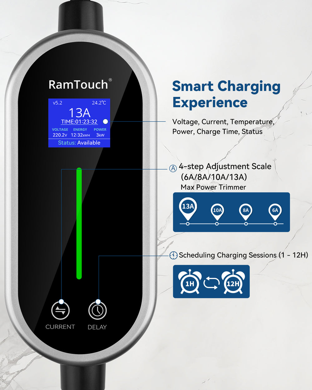 Electric Vehicle Charger (3 kW, Type 2, UK 3-Pin Plug) – Portable Charger with Adjustable Current & Delay Start, Compatible with EV and Plug-in Hybrid - RamTouch EV Chargers - Smart Electric Vehicle Charging Solutions