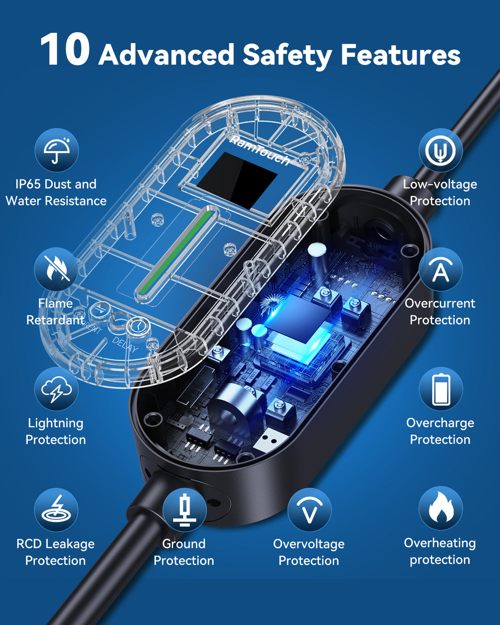 Electric Vehicle Charger (3 kW, Type 2, UK 3-Pin Plug) – Portable Charger with Adjustable Current & Delay Start, Compatible with EV and Plug-in Hybrid - RamTouch EV Chargers - Smart Electric Vehicle Charging Solutions