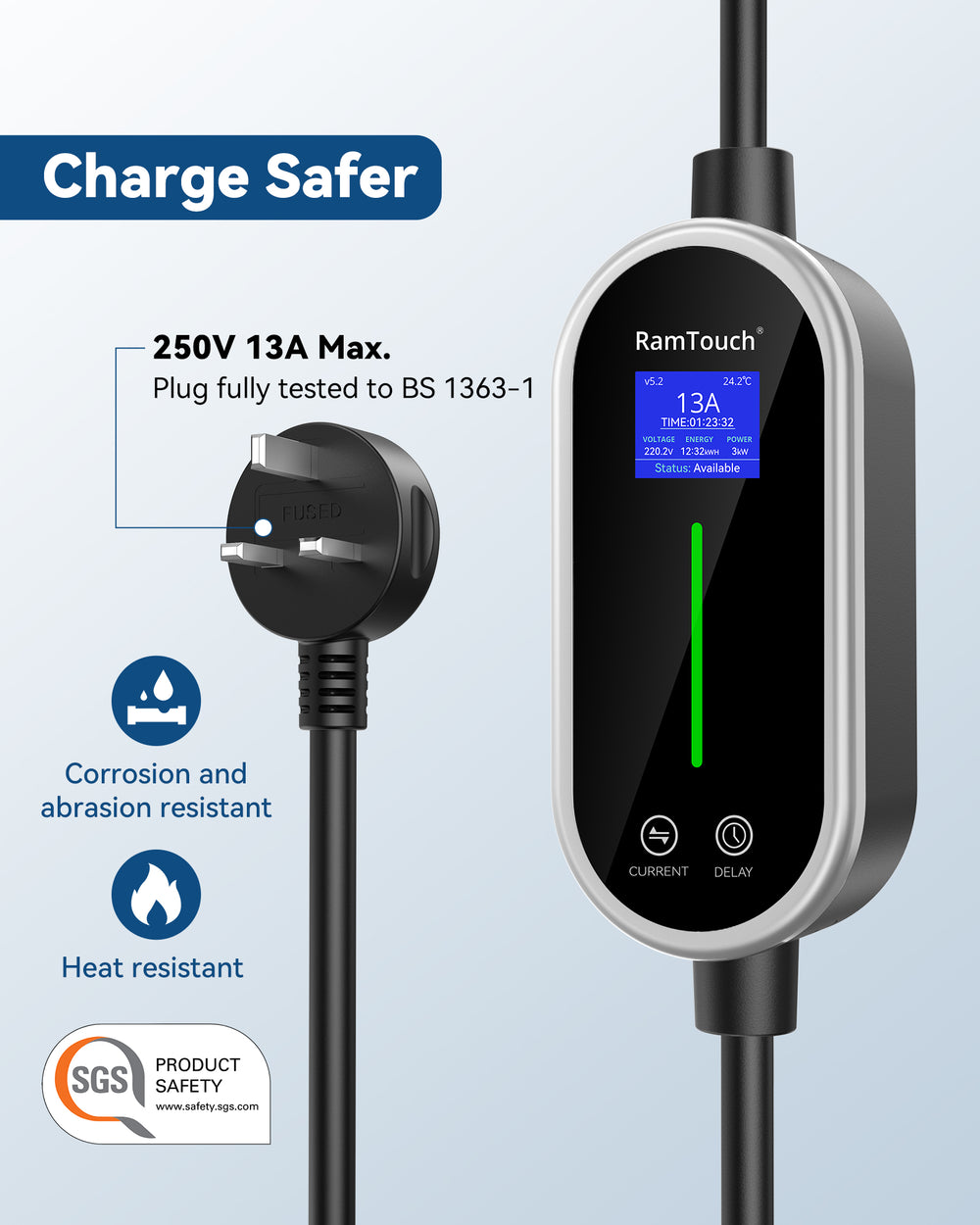 Electric Vehicle Charger (3 kW, Type 2, UK 3-Pin Plug) – Portable Charger with Adjustable Current & Delay Start, Compatible with EV and Plug-in Hybrid - RamTouch EV Chargers - Smart Electric Vehicle Charging Solutions