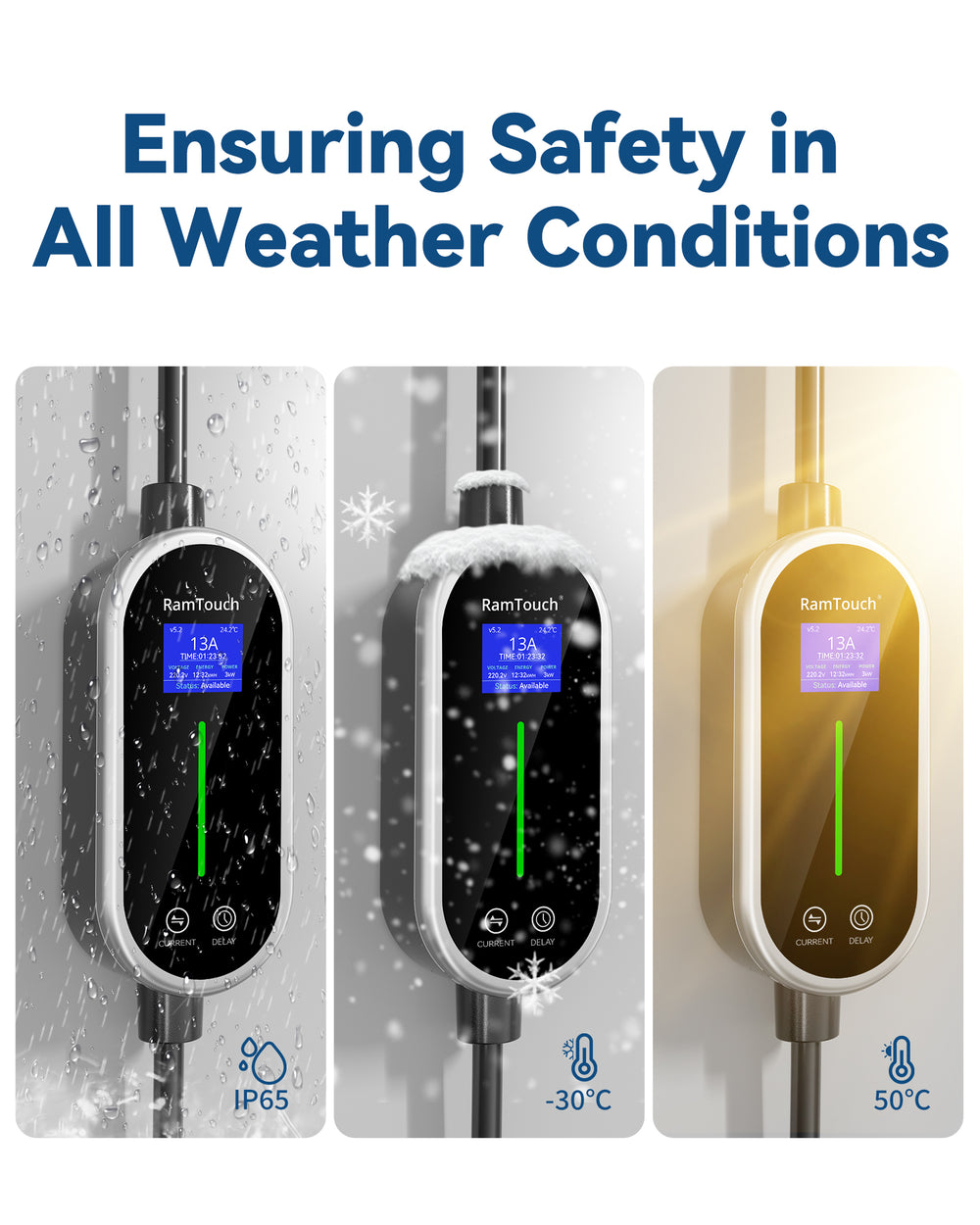 Electric Vehicle Charger (3 kW, Type 2, UK 3-Pin Plug) – Portable Charger with Adjustable Current & Delay Start, Compatible with EV and Plug-in Hybrid - RamTouch EV Chargers - Smart Electric Vehicle Charging Solutions